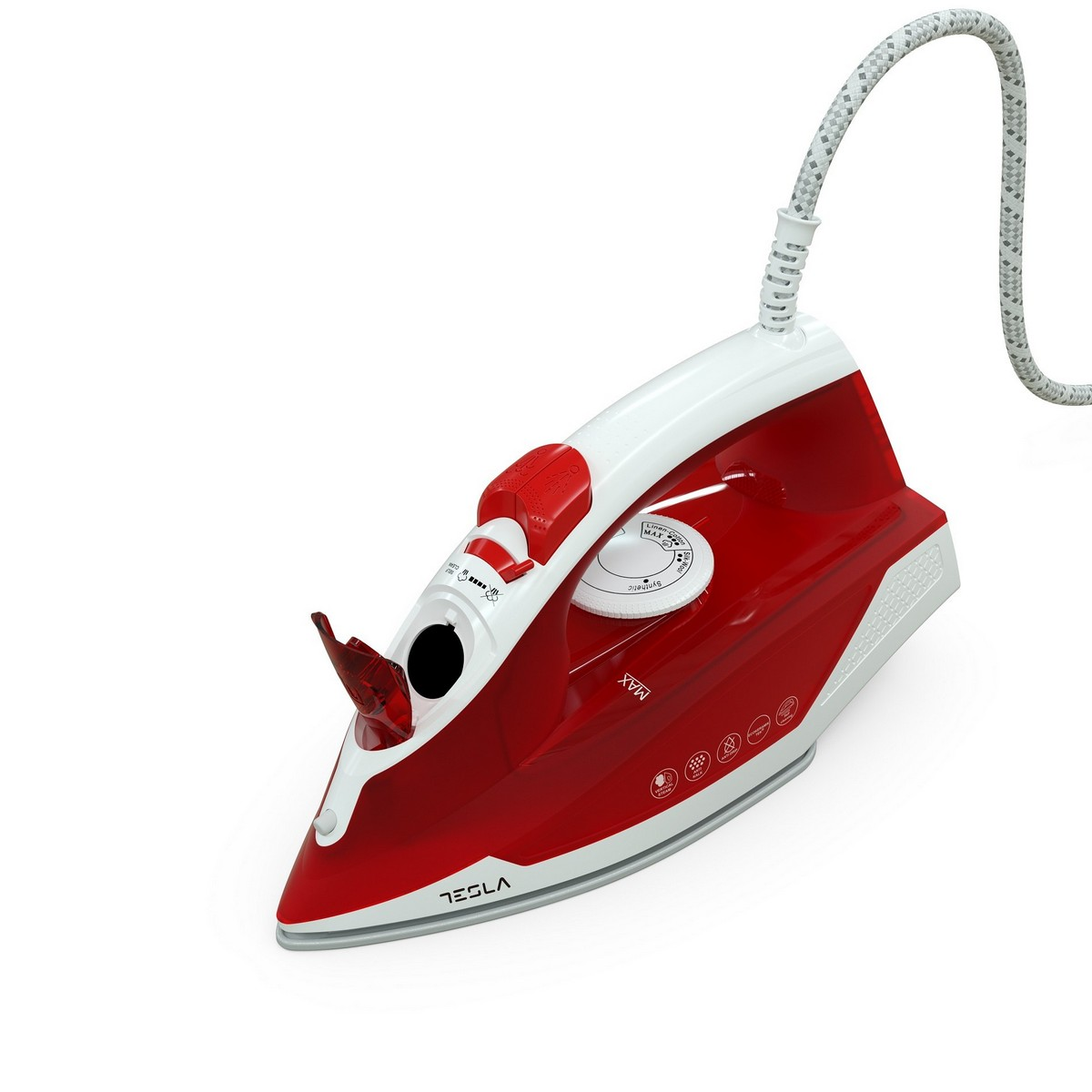 Plancha roja y blanca con logo Tesla y cable blanco y gris.
