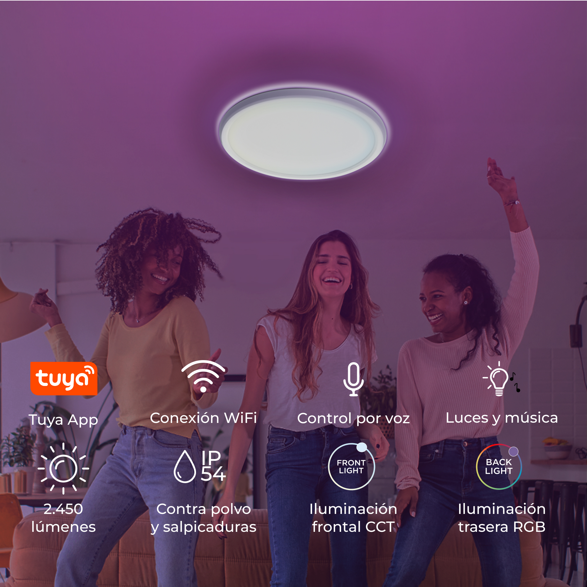 Trzy kobiety tańczą pod lampą sufitową. Widocznych jest kilka ikon związanych ze światłem.