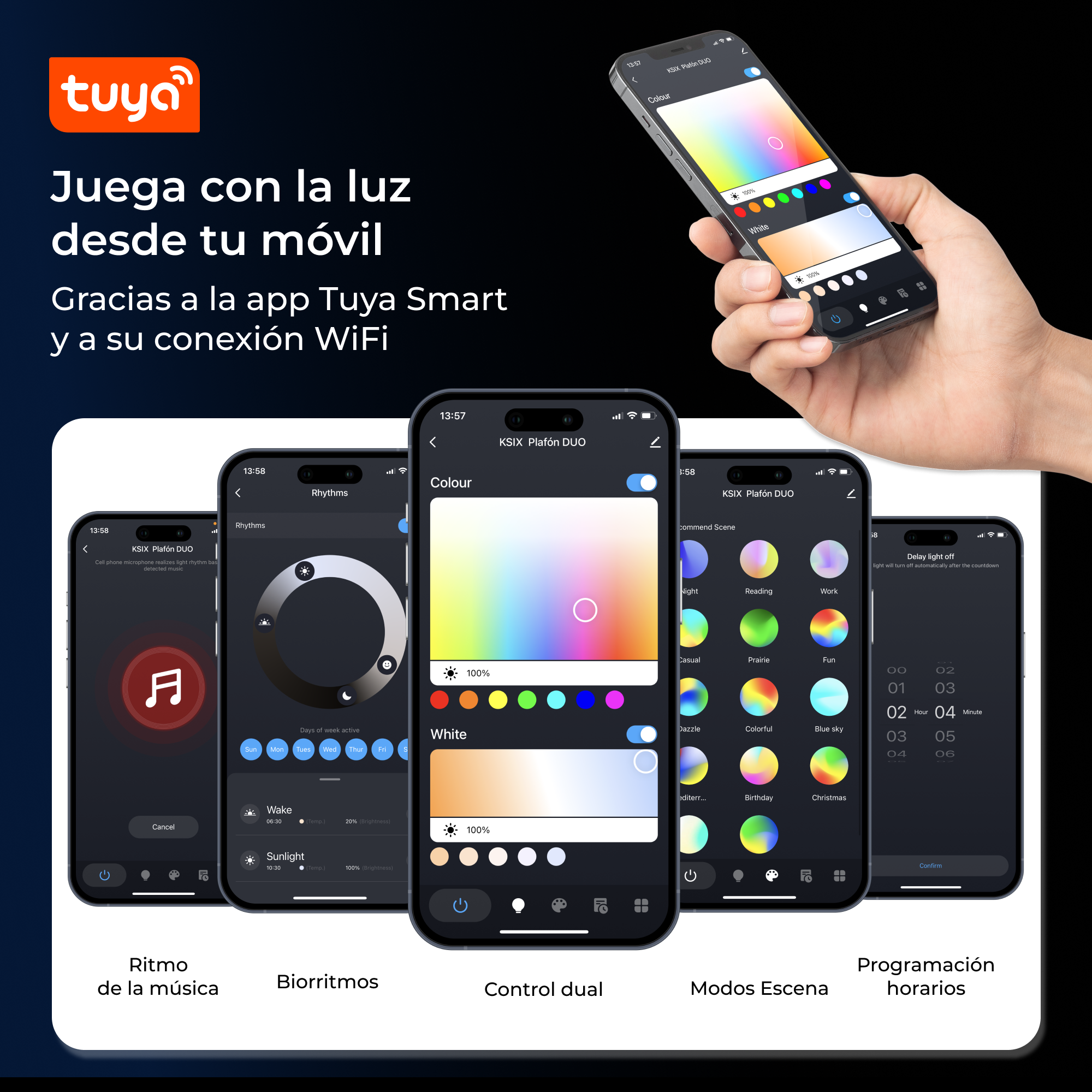 Reklama pokazująca telefony z interfejsem aplikacji i tekstem. Wyświetlane są różne ekrany aplikacji do inteligentnego sterowania oświetleniem.