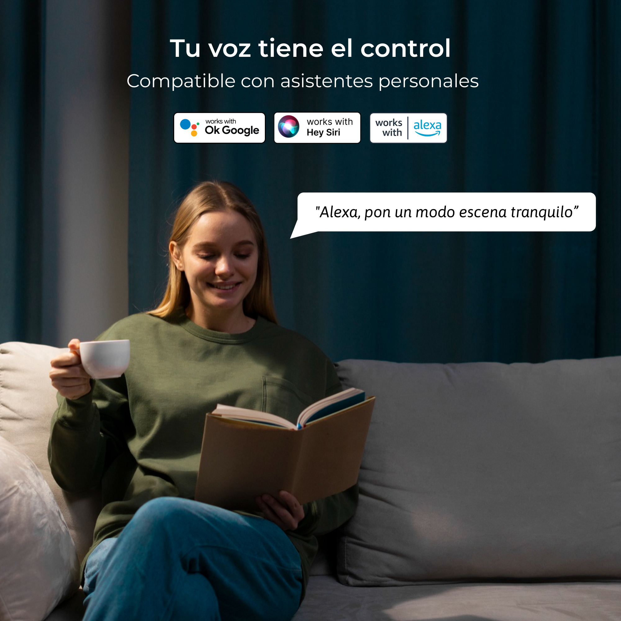 Kobieta czyta książkę, z dymkiem z napisem "Alexa, włącz tryb spokojnej sceny".