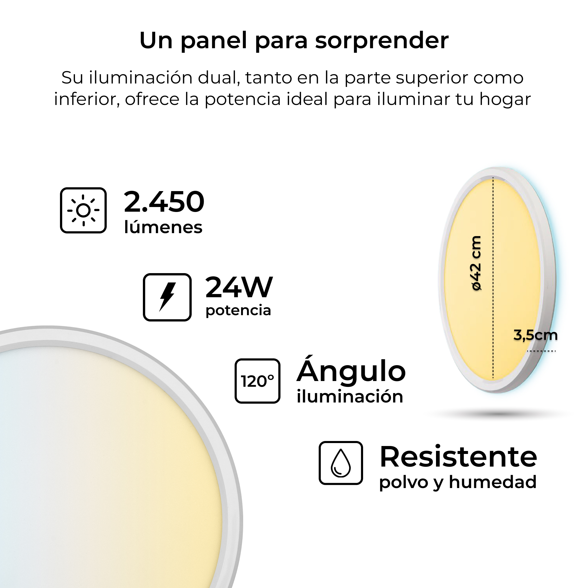 Panel okrągły z żółtą emisją światła, z tekstem o lumenach, mocy i kącie.