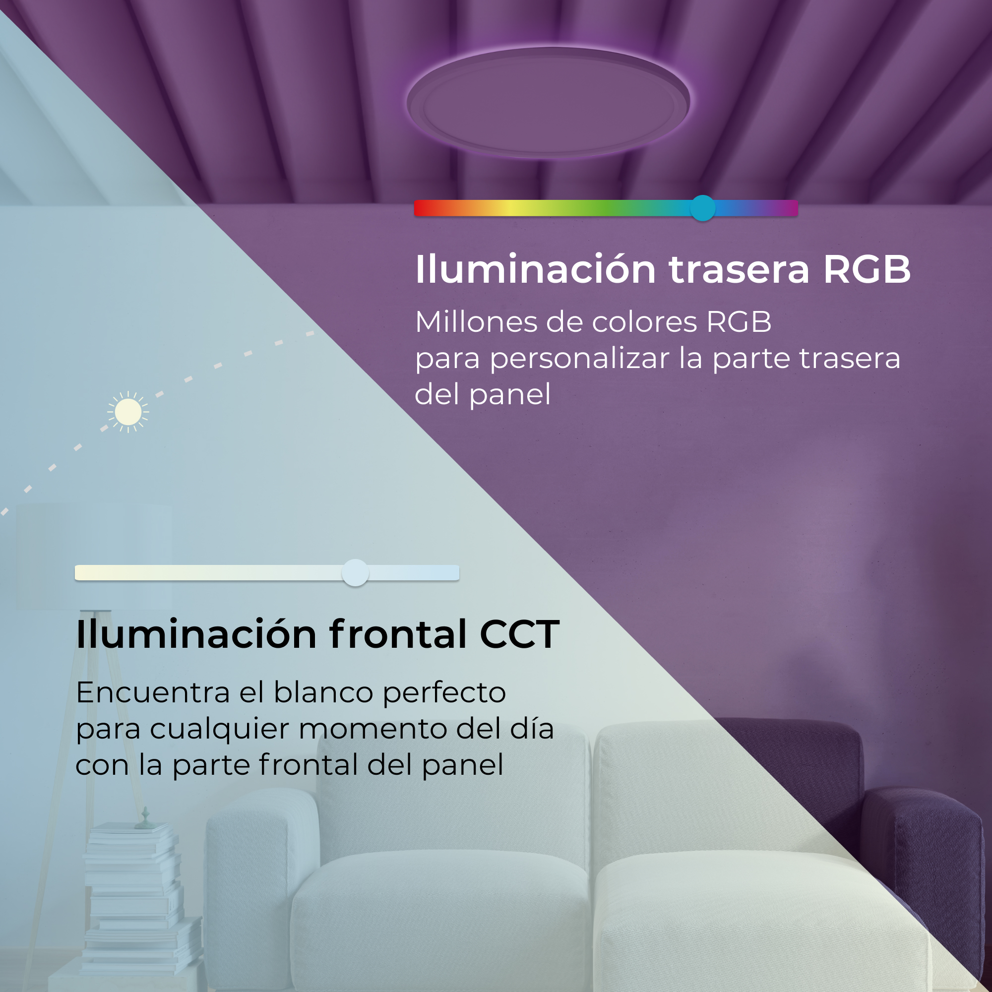 Sufit ze światłem RGB i biała sofa z panelem świetlnym CCT.