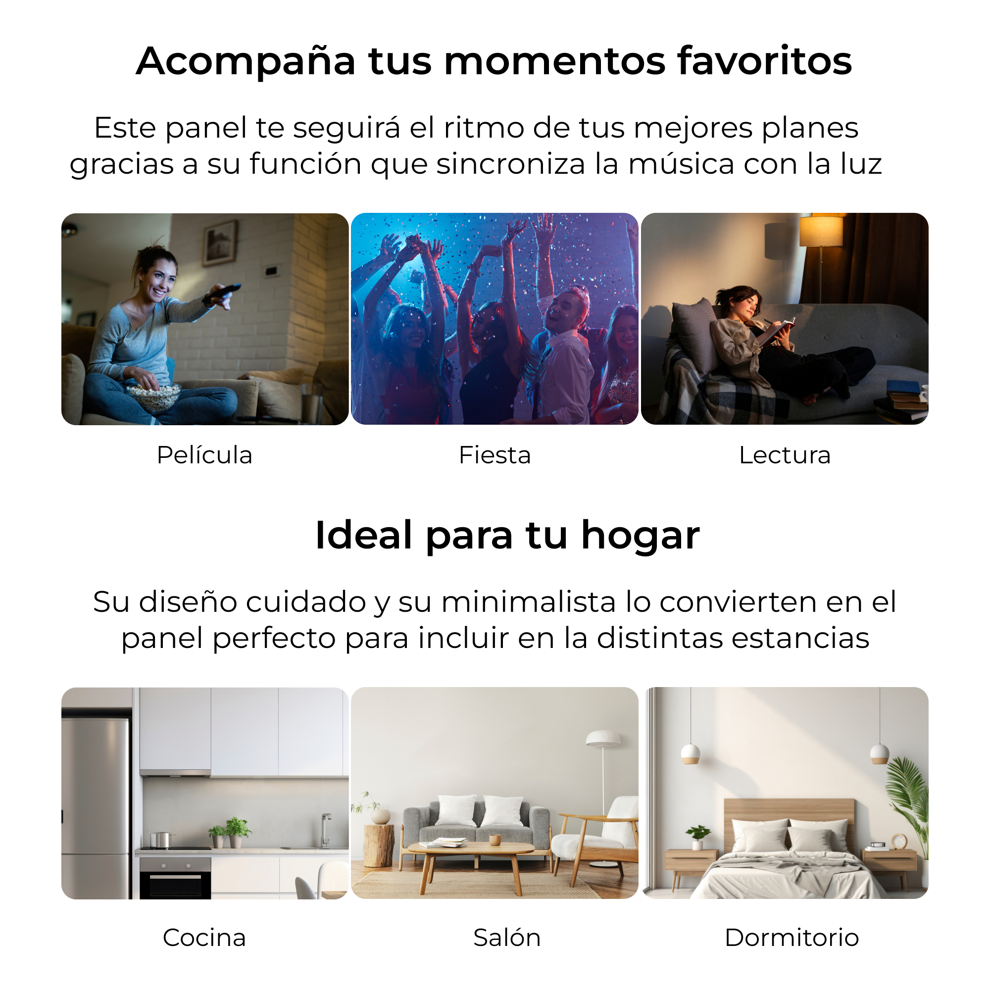 Reklama promująca panel zsynchronizowany z muzyką, z widokami salonu, kuchni i sypialni.