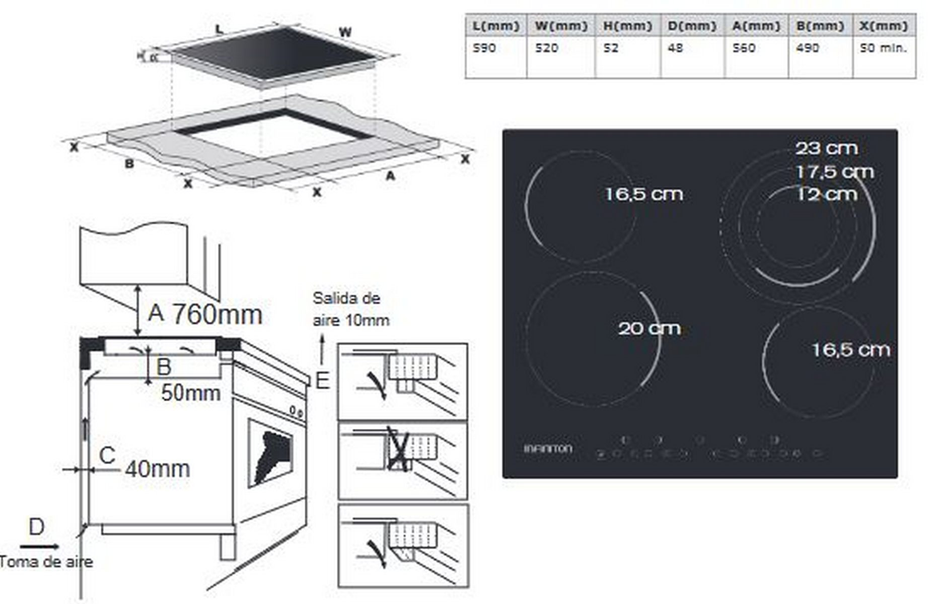 Diagrama de una placa de inducción negra con dimensiones y vista lateral de su instalación.