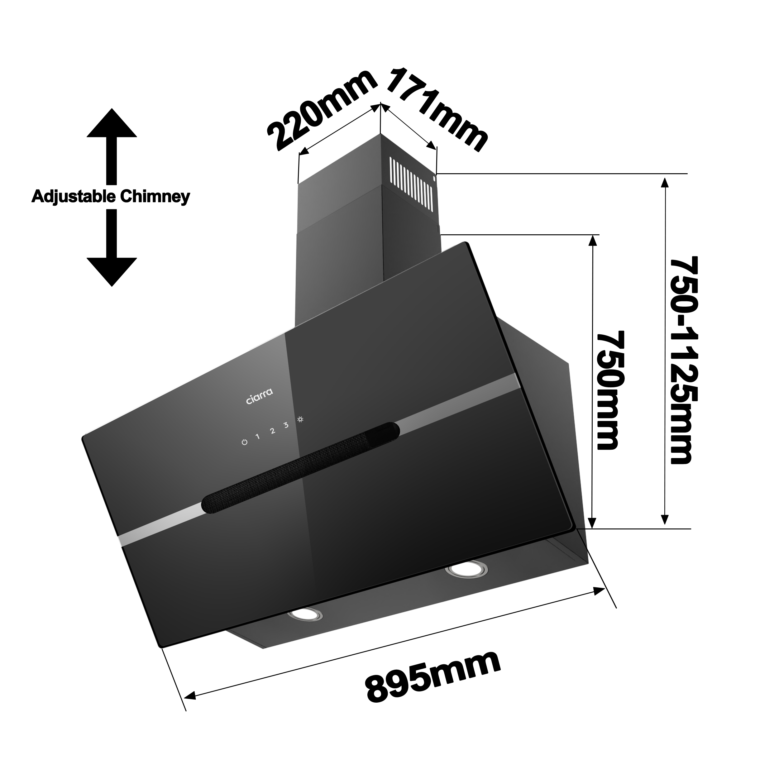 Hotte de cuisine noire avec dimensions. Cheminée réglable, façade en verre et deux lumières visibles.