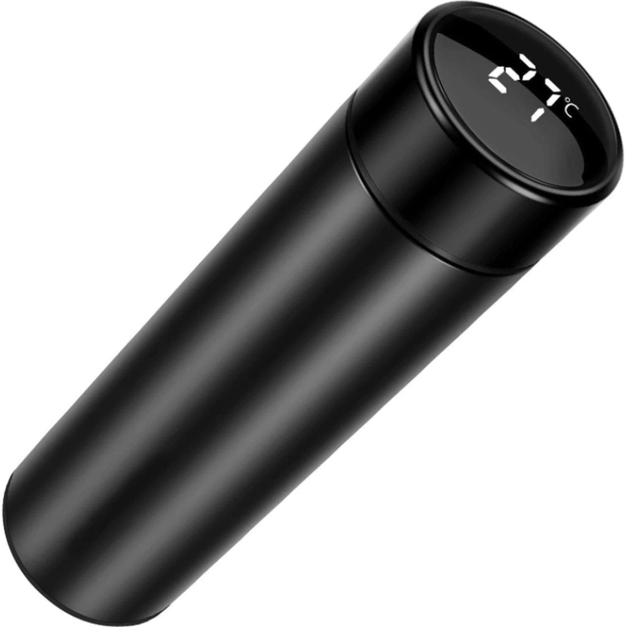 Eine schwarze isolierte Wasserflasche. Die Oberseite hat eine Digitalanzeige mit der Temperatur.