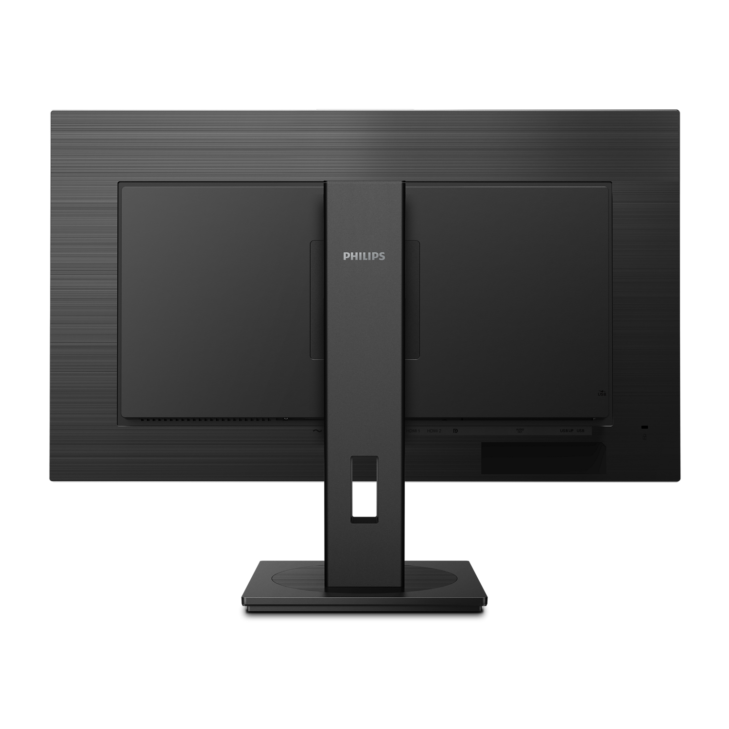 Monitor per computer nero con retro visibile, che mostra porte e supporto.