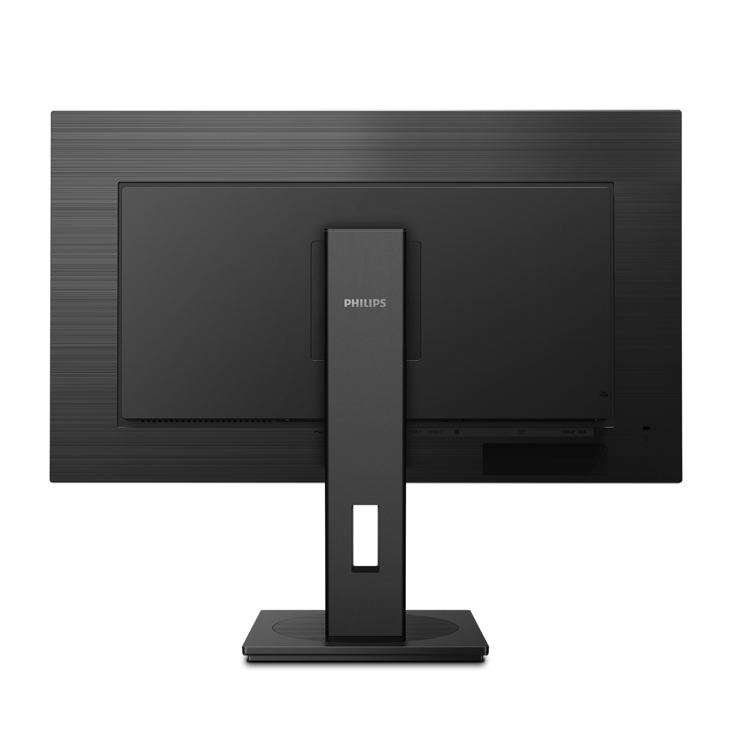 Retro di un monitor nero con supporto e porte.