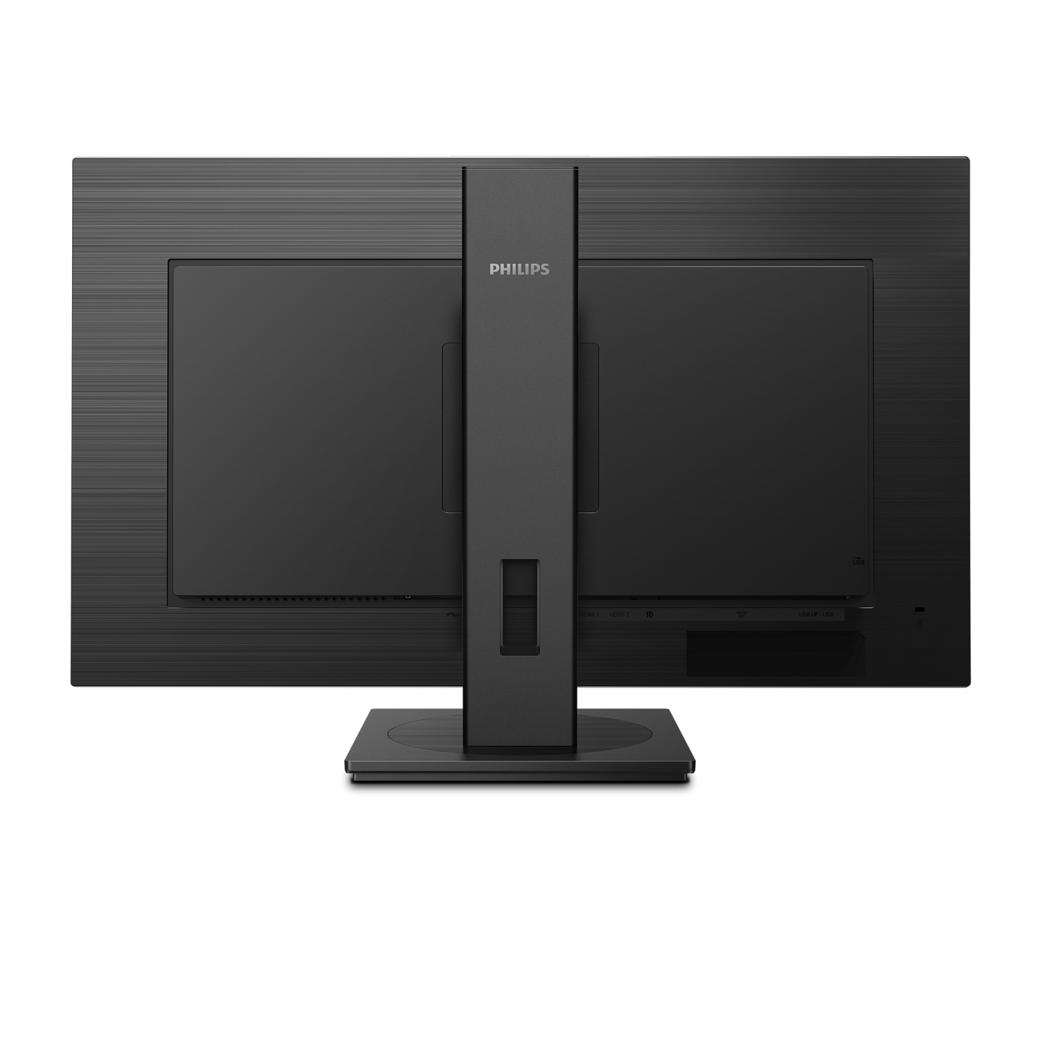 Vista posteriore di un monitor Philips nero, che mostra le porte e il supporto.