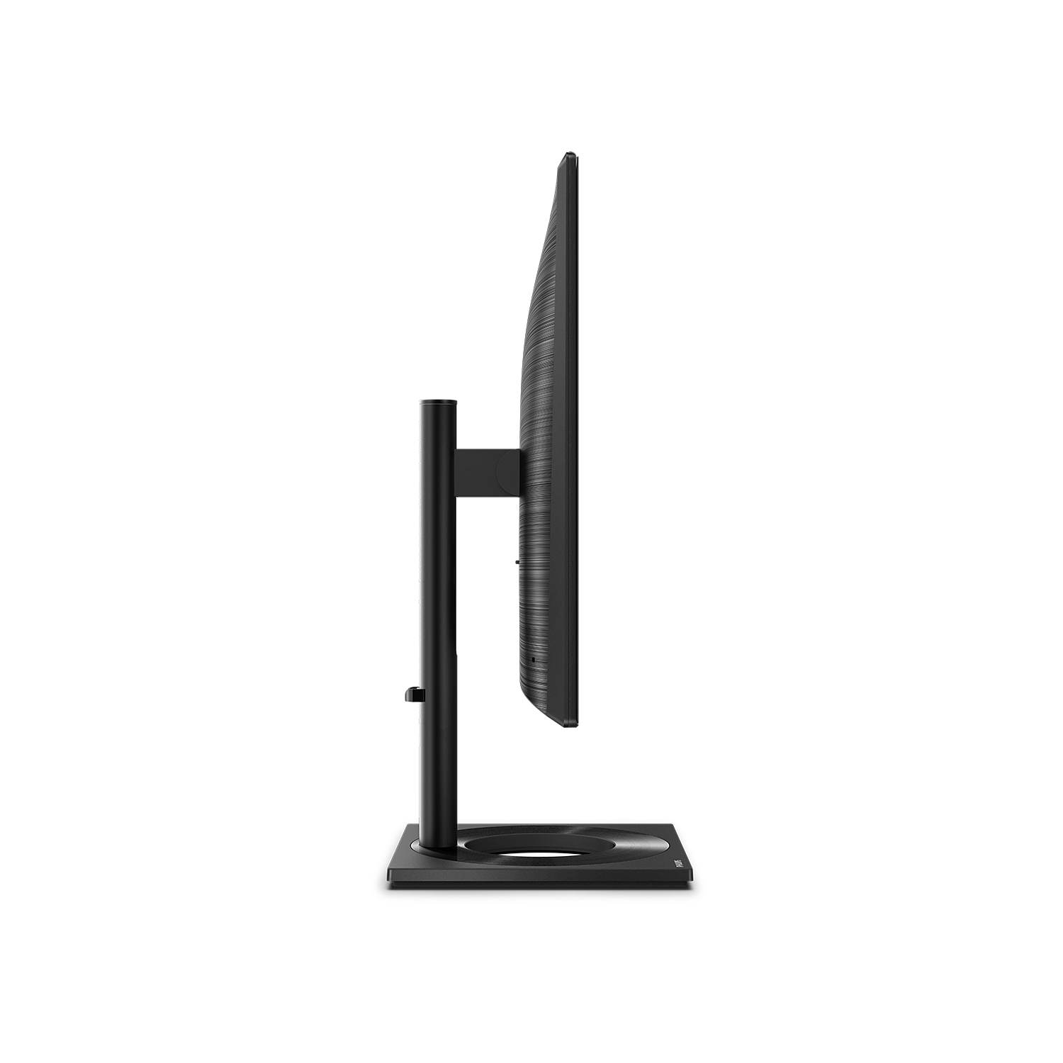 Un monitor de computadora negro con un soporte delgado, visto de lado sobre un fondo blanco.