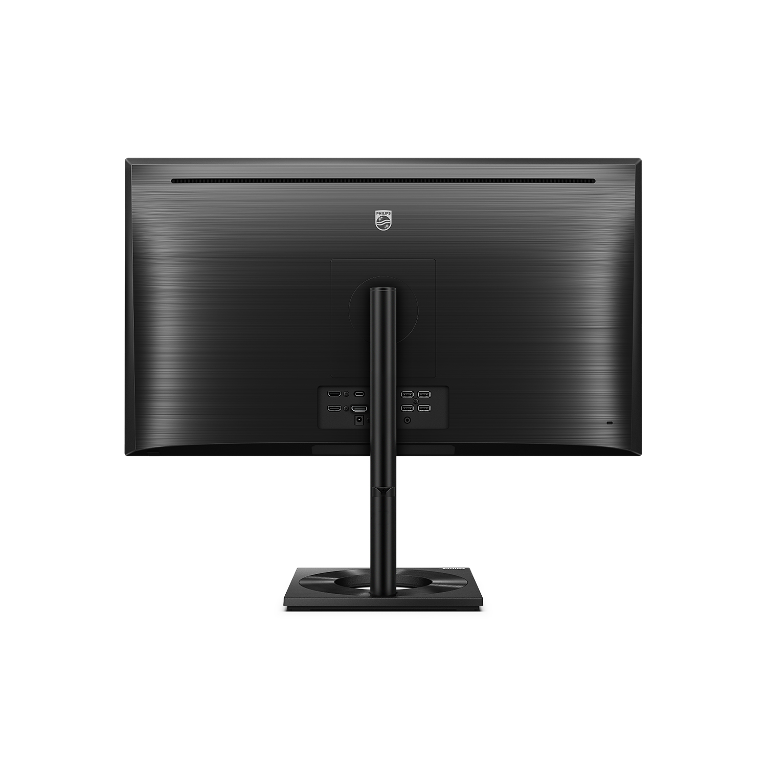 La parte trasera de un monitor de computadora negro sobre un soporte negro. Incluye puertos y un logotipo de la empresa.