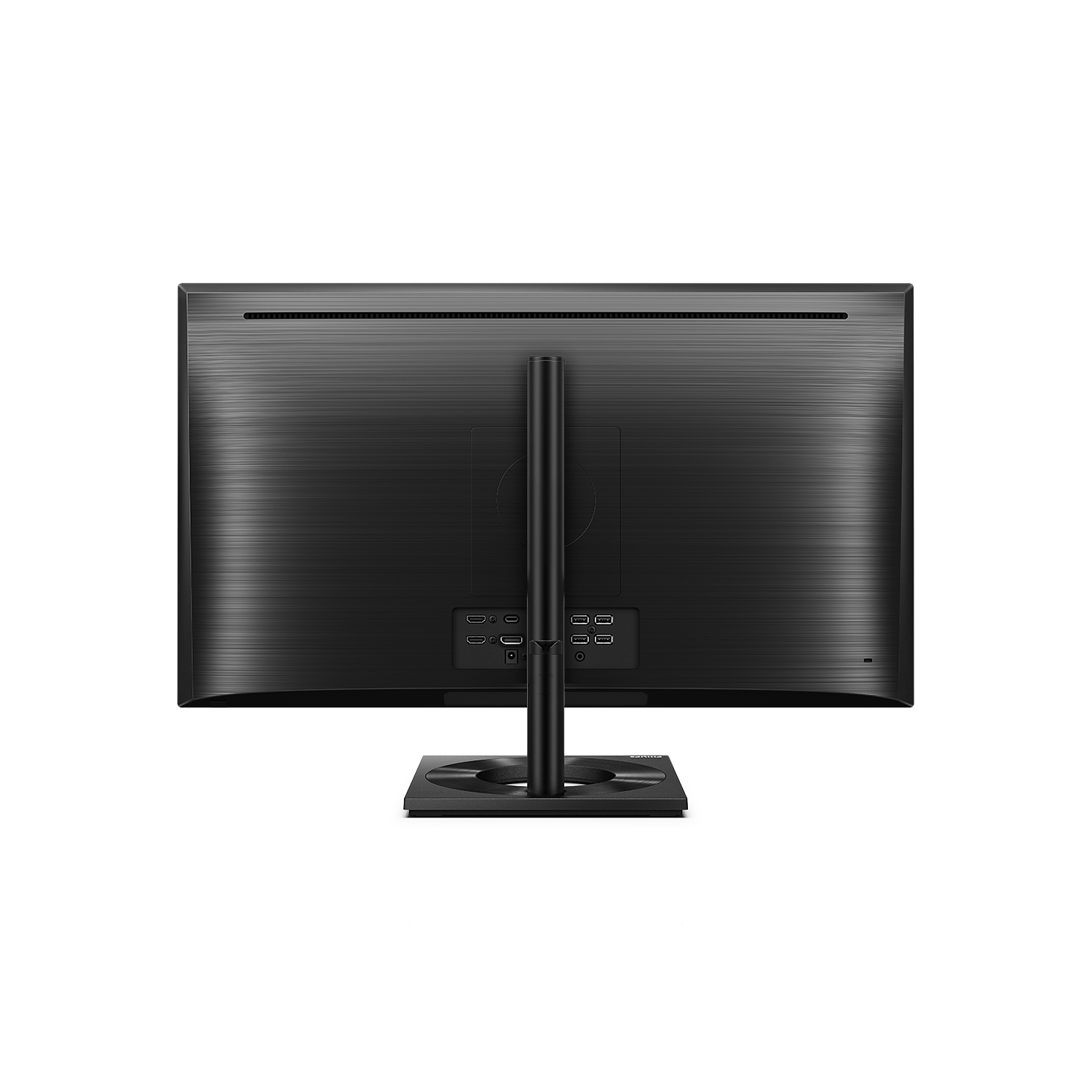 Un monitor negro sobre un soporte, mostrando la parte trasera con puertos de conexión.
