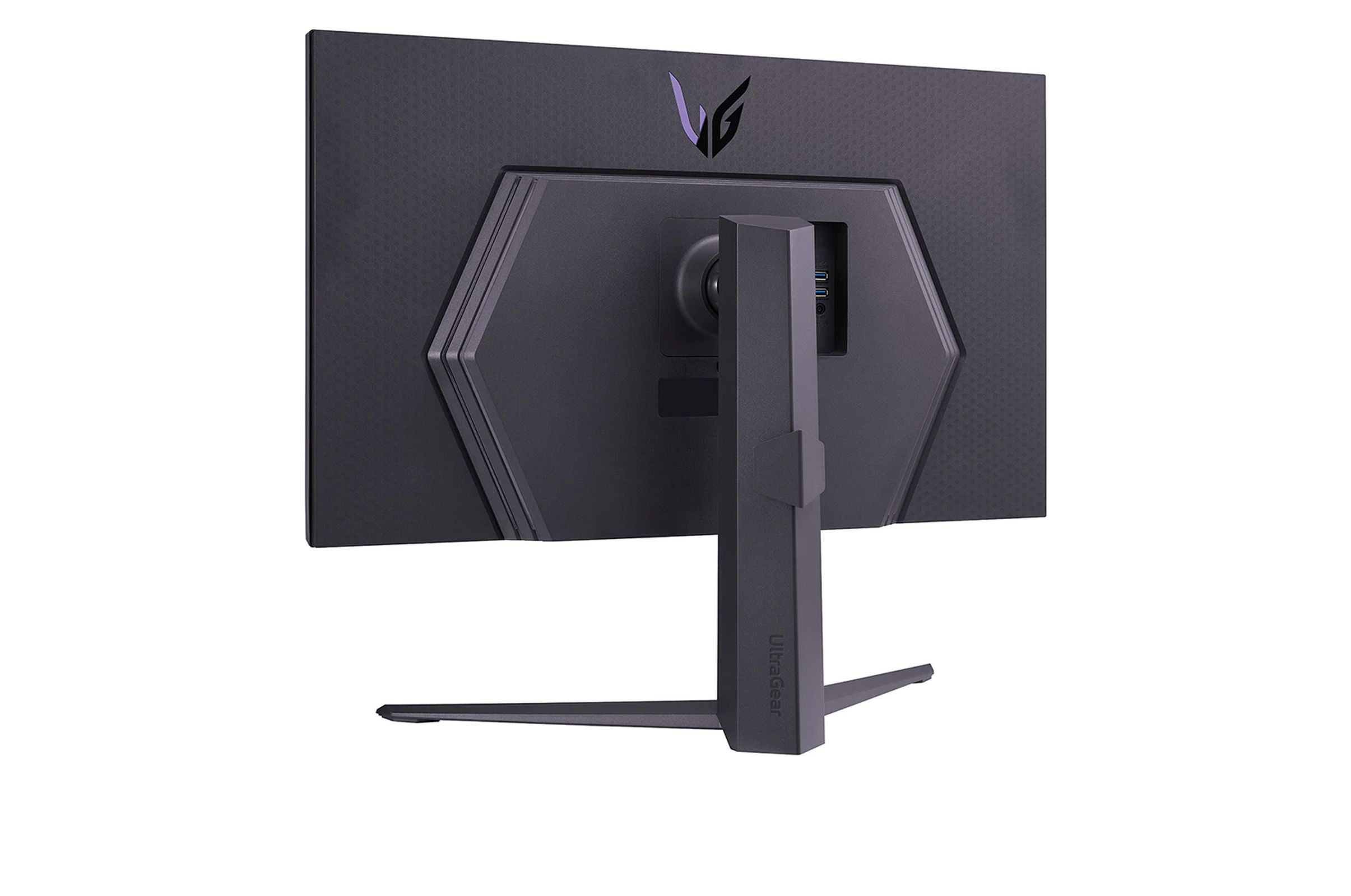 Retro di un monitor LG nero. Il supporto è visibile.