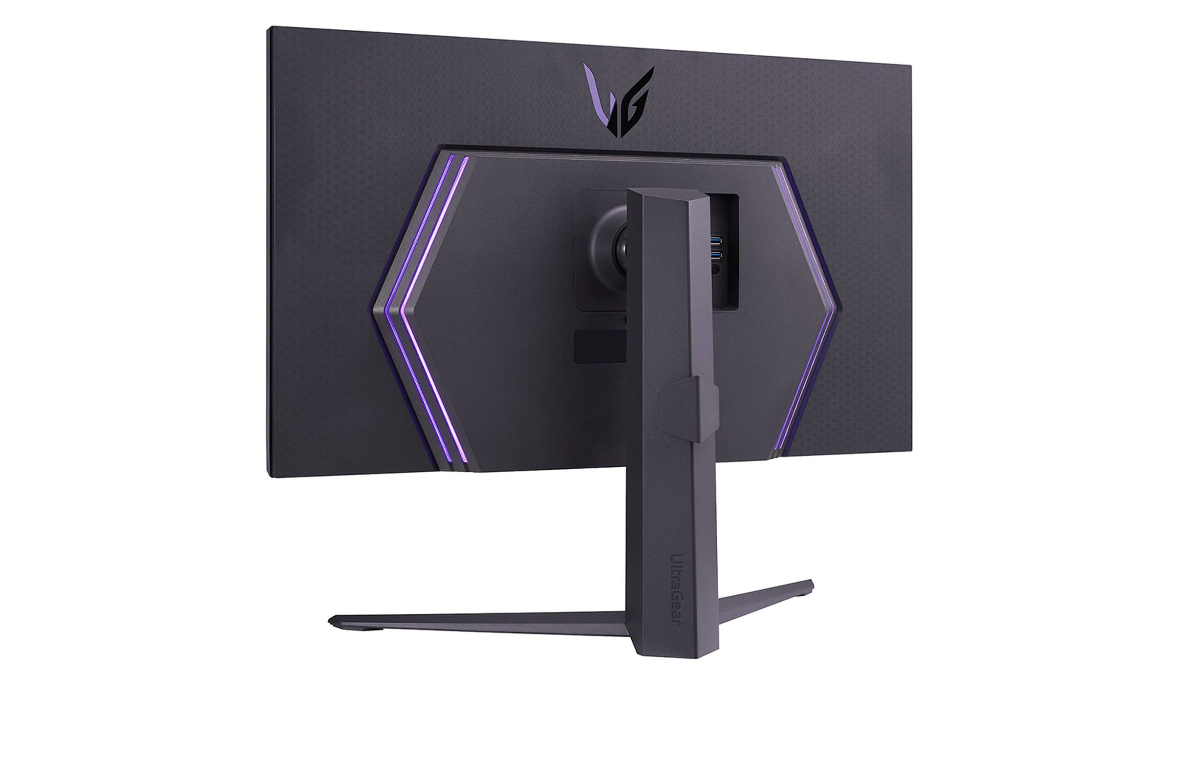 Il retro di un monitor da gioco LG UltraGear nero con luci viola e un supporto.