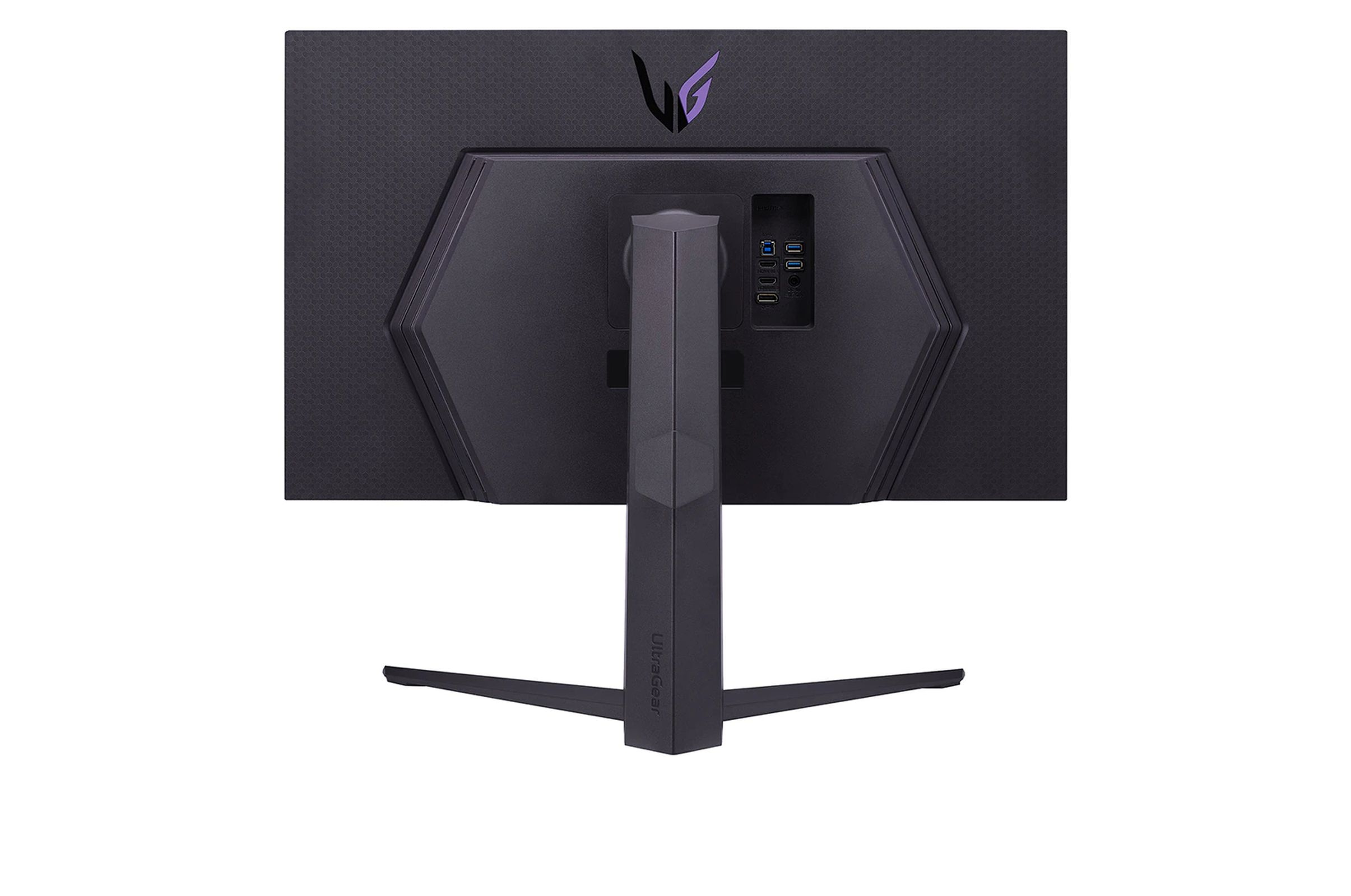 Retro di un monitor da gioco LG UltraGear nero con supporto e porte. Logo LG in alto.