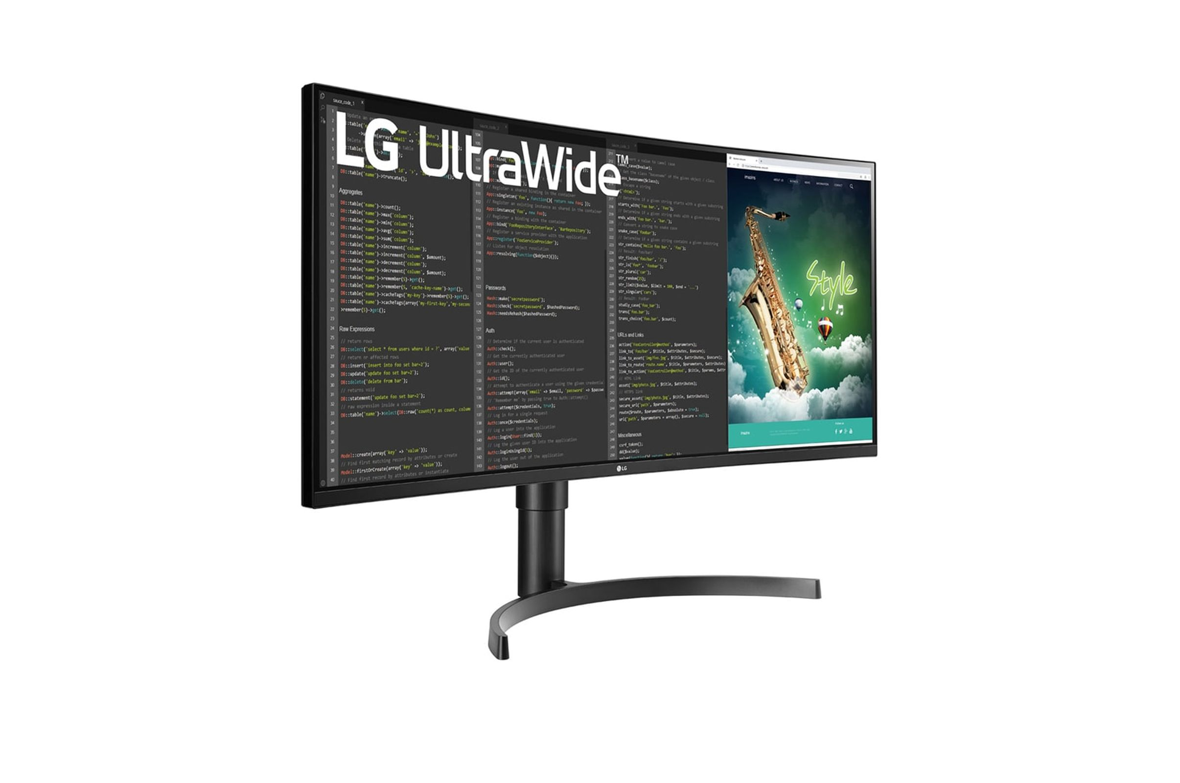 Monitor LG Ultrawide wyświetlający kod i stronę internetową na biurku.