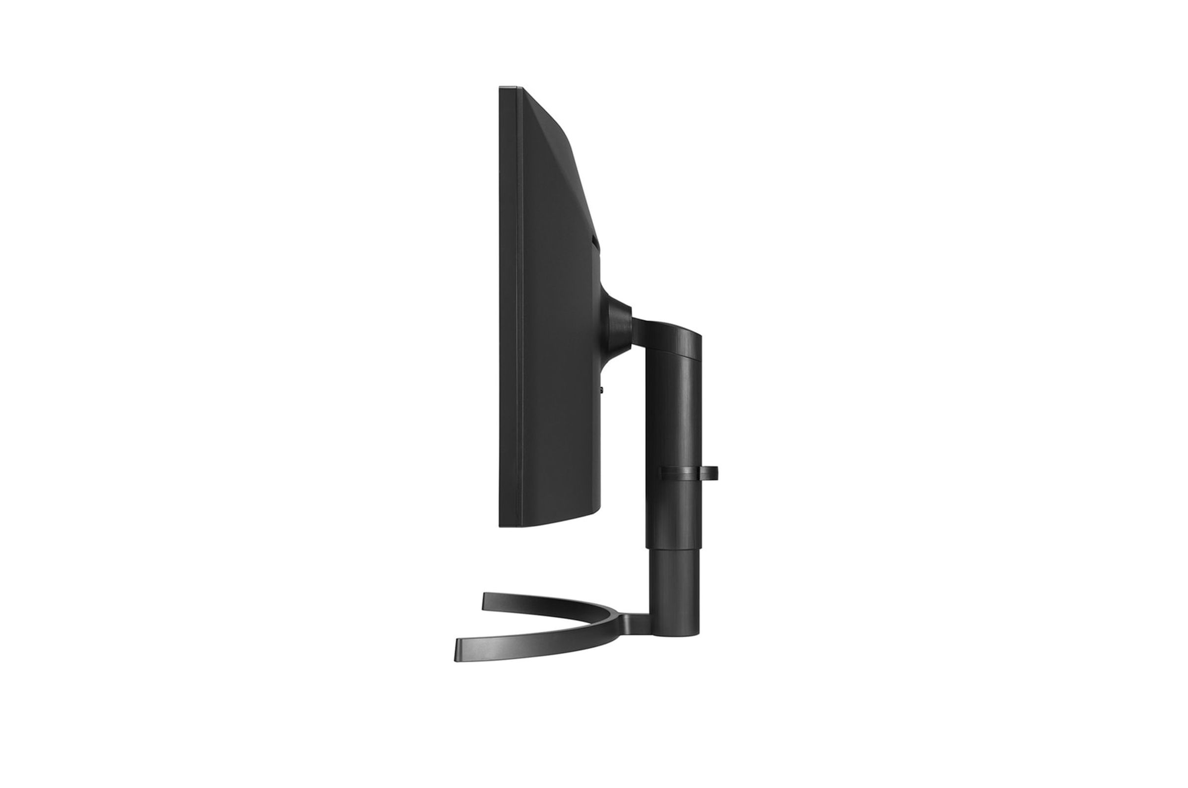 Widok z boku czarnego monitora. Monitor jest zakrzywiony i ma podstawę. Białe tło.