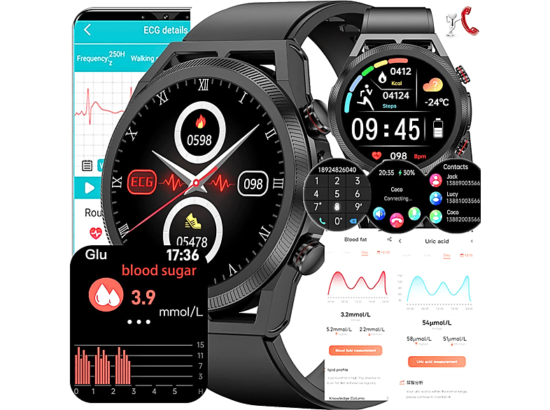 MANIKE E400 ECG + PPG Smartwatch stainless steel Silikon, 140 - 210 mm, Schwarz