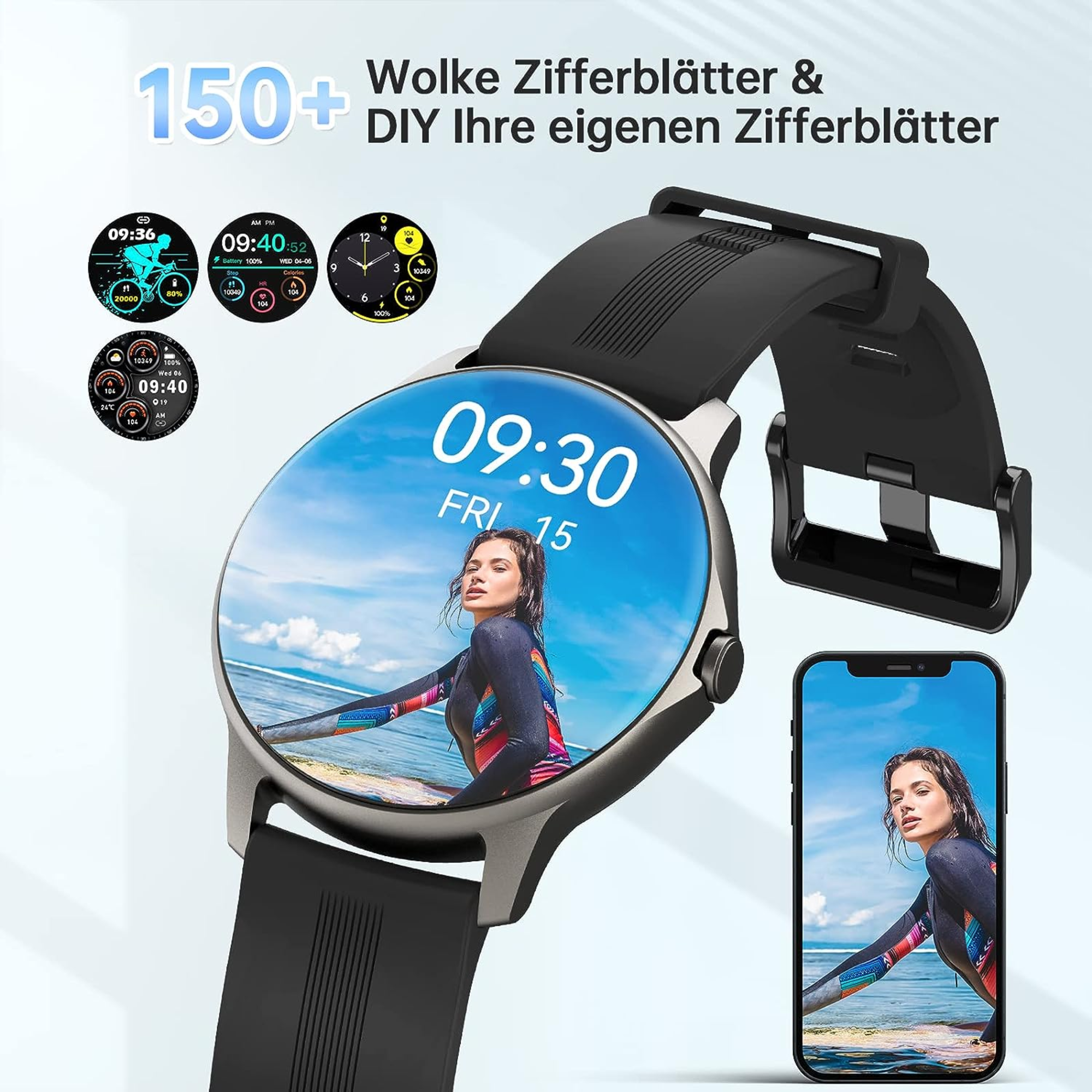 Smartwatch wyświetlający godzinę i różne wskaźniki fitness. Pokazany jest również telefon.
