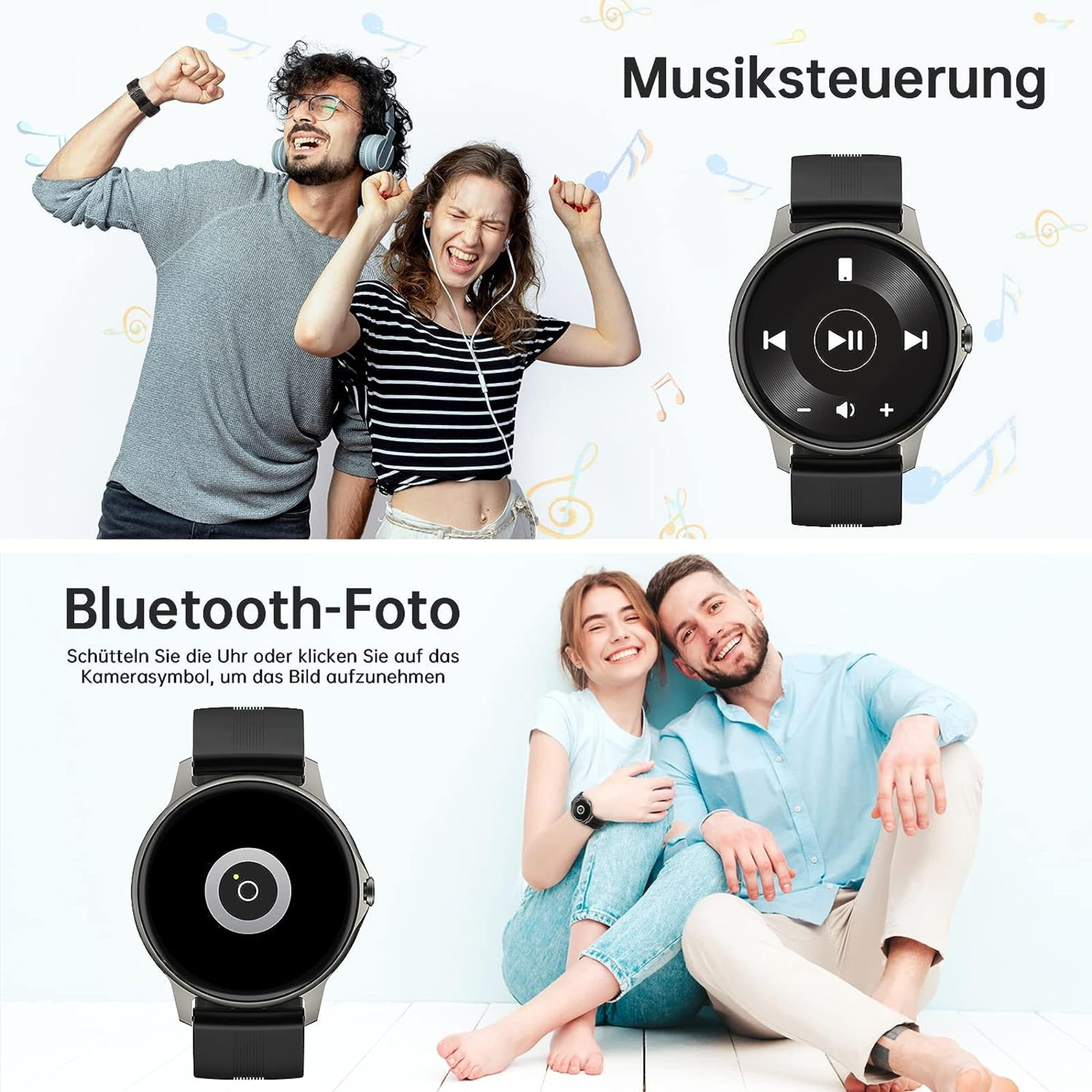 Dwa zdjęcia: ludzie tańczący ze słuchawkami i zegarkiem do sterowania muzyką; para z zegarkiem do zdjęć.