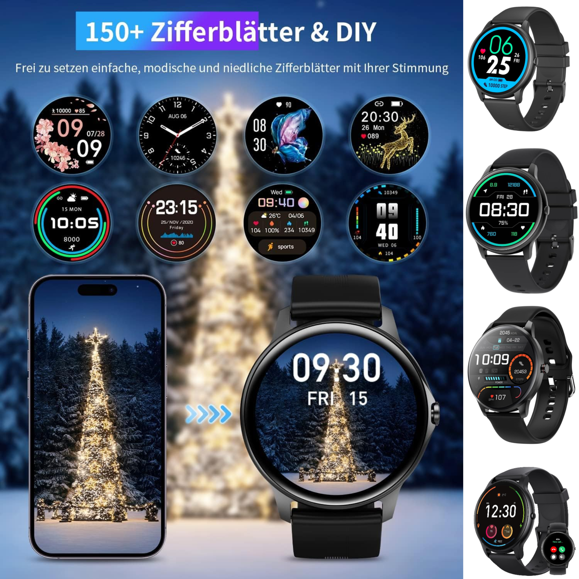 Wyświetlane są smartwatche z różnymi tarczami, a także smartfon z obrazem choinki.