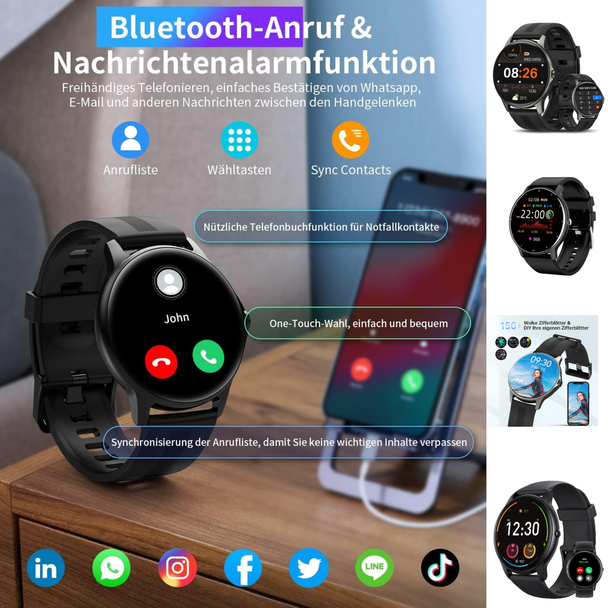 Smartwatch z wieloma ekranami pokazującymi czas i powiadomienia oraz ikony mediów społecznościowych.