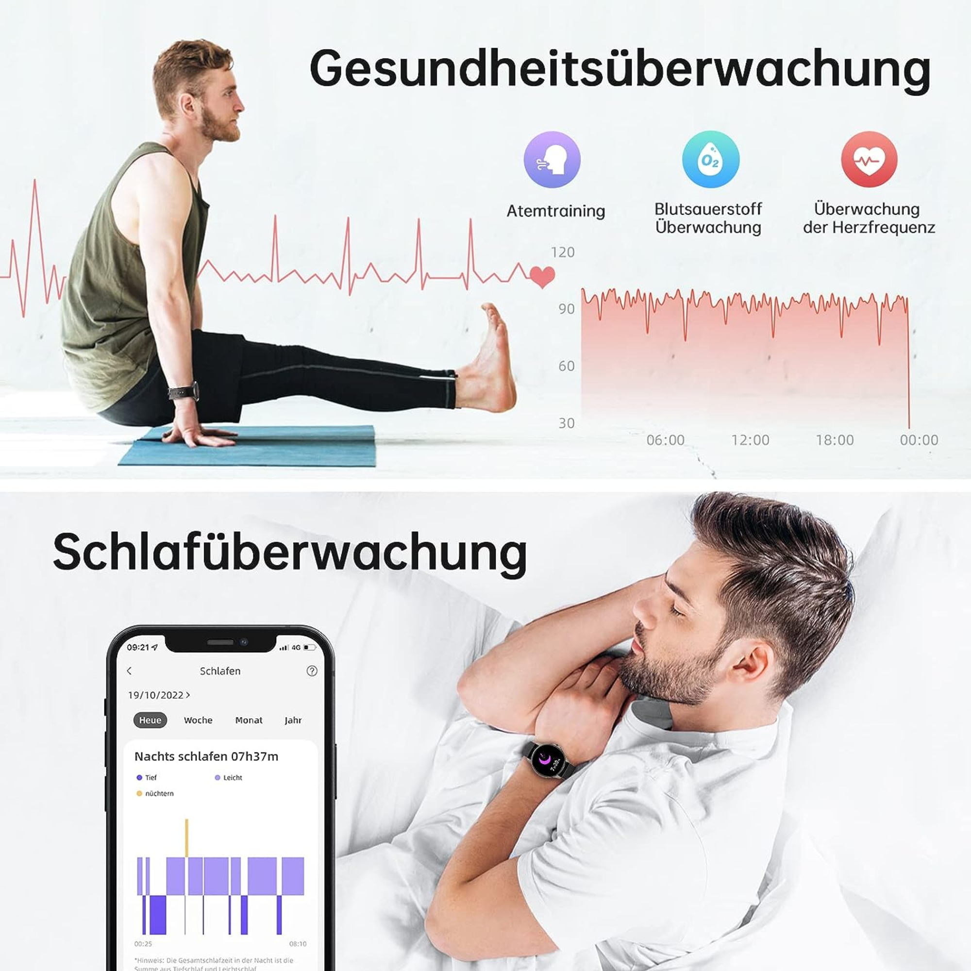 Podzielony obraz: monitorowanie zdrowia i snu. Mężczyzna ćwiczący i śpiący z danymi na ekranie.