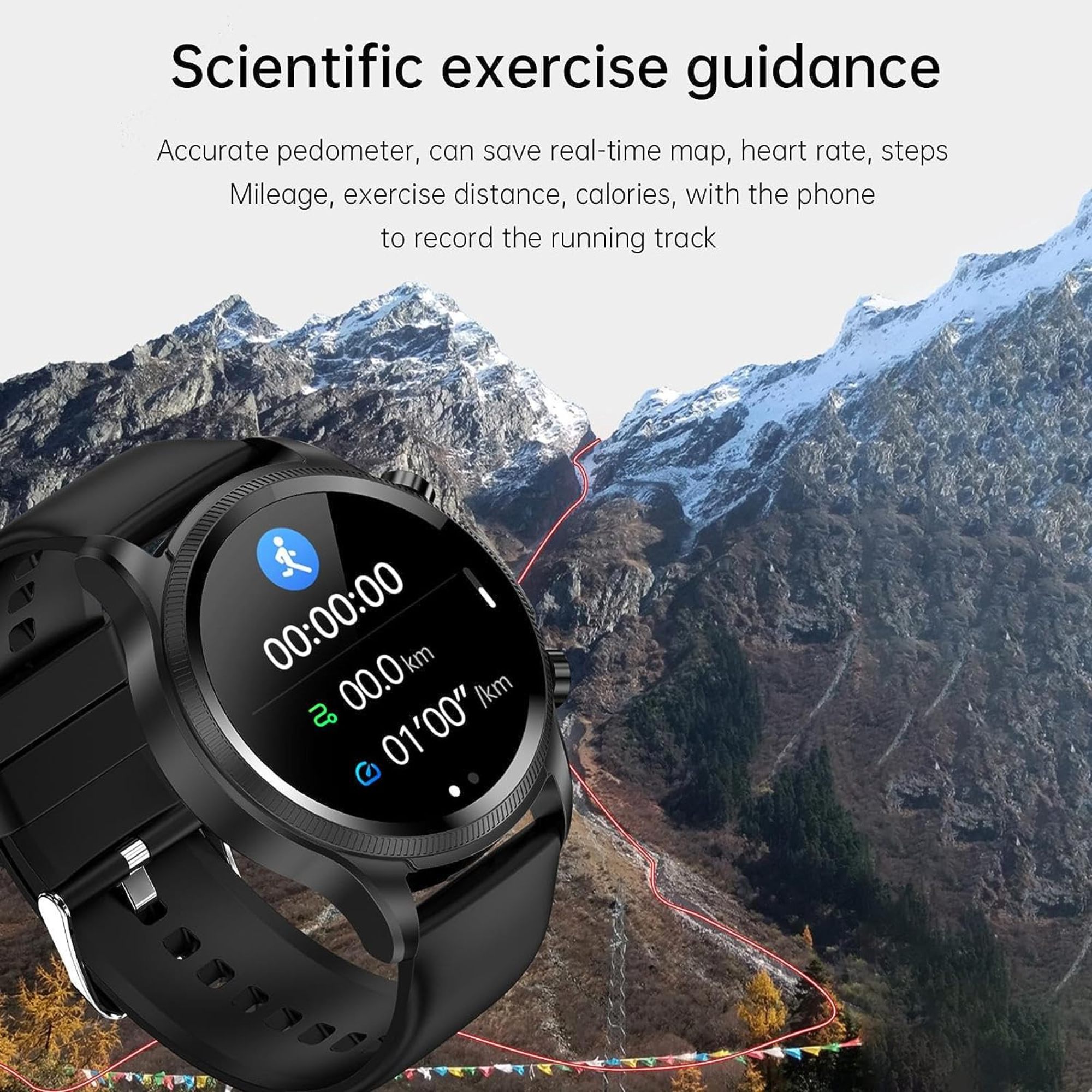 Czarny smartwatch wyświetlający statystyki z górskim tłem i czerwoną bieżnią.