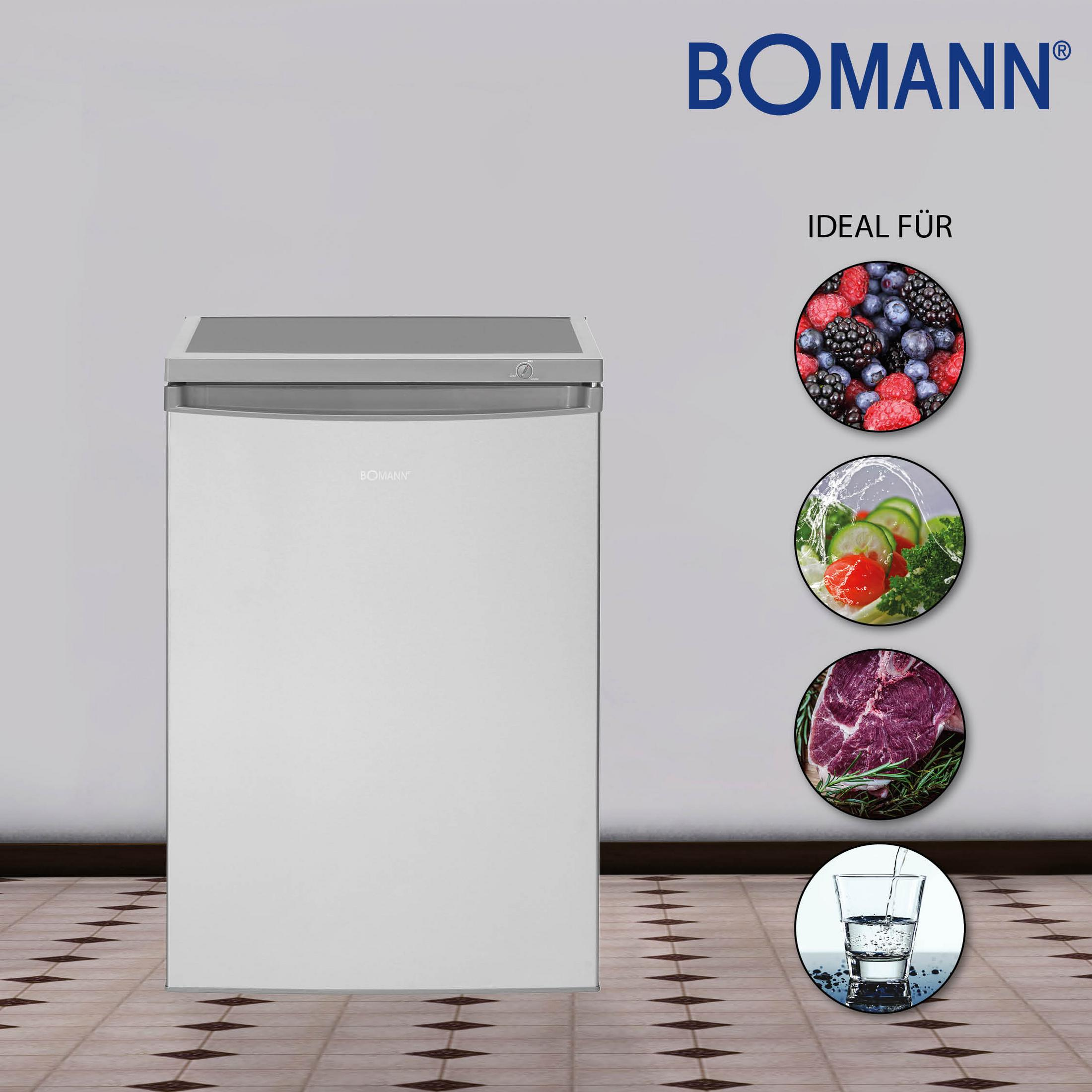 Ein weißer Kühlschrank mit grauem Deckel. Es gibt Bilder von Beeren, Gemüse, Fleisch und Wasser.