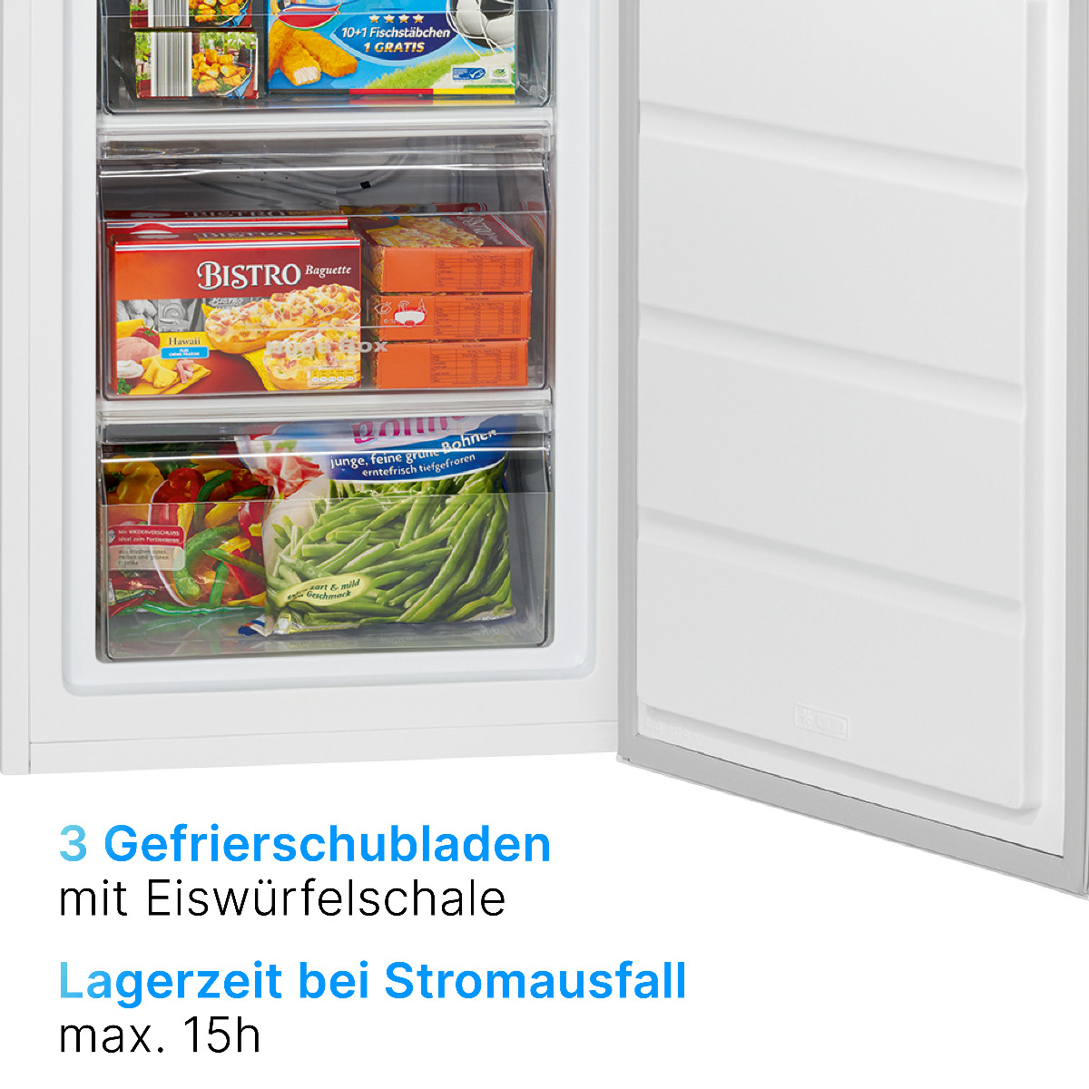 Geöffnete Kühlschranktür mit drei Gefrierfächern und verpackten Lebensmitteln.