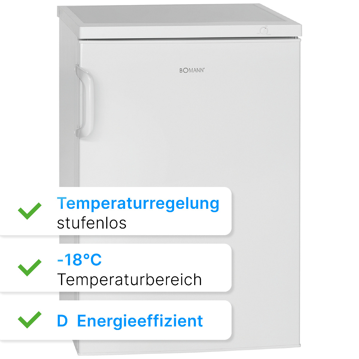 Ein weißer Gefrierschrank mit Textetiketten, die Temperaturregelung, Temperaturbereich und Energieeffizienz angeben.