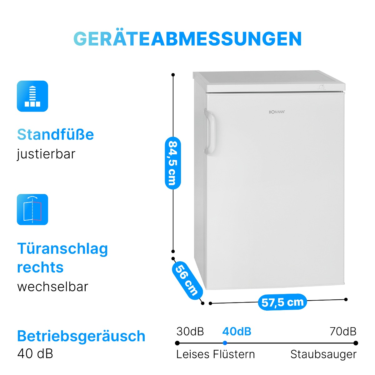 Weißer Minikühlschrank mit Maßen und Text. Enthält verstellbare Füße, Türanschlag wechselbar, Geräuschpegel.