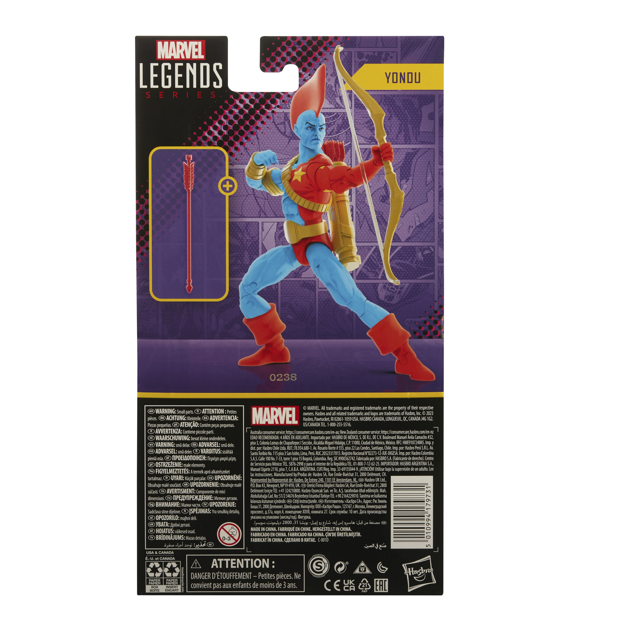 Una figura de acción de Marvel Legends Yondu con arco y flechas, en un paquete con etiquetas de advertencia.