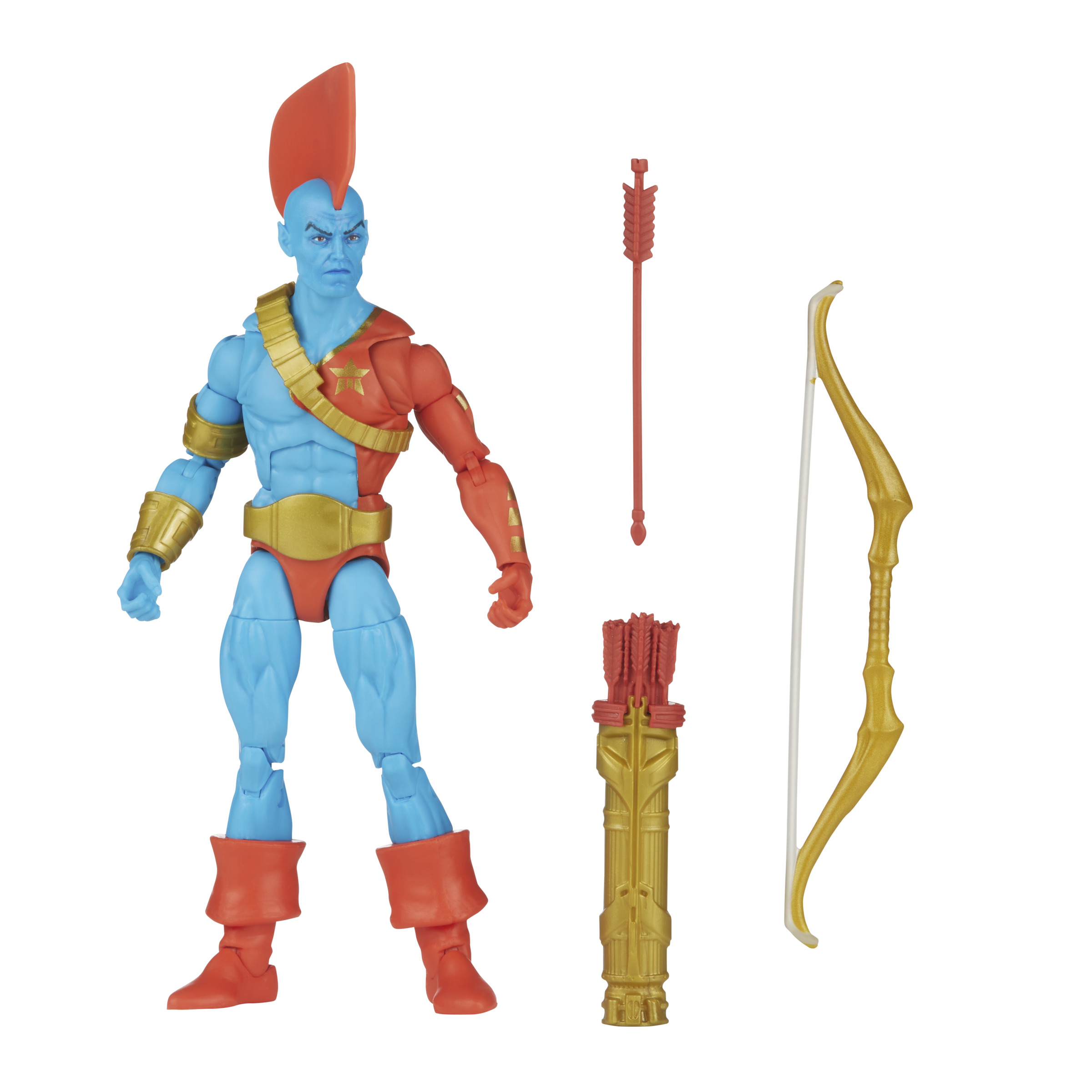 Figura de acción azul y roja con arco, flechas y carcaj.