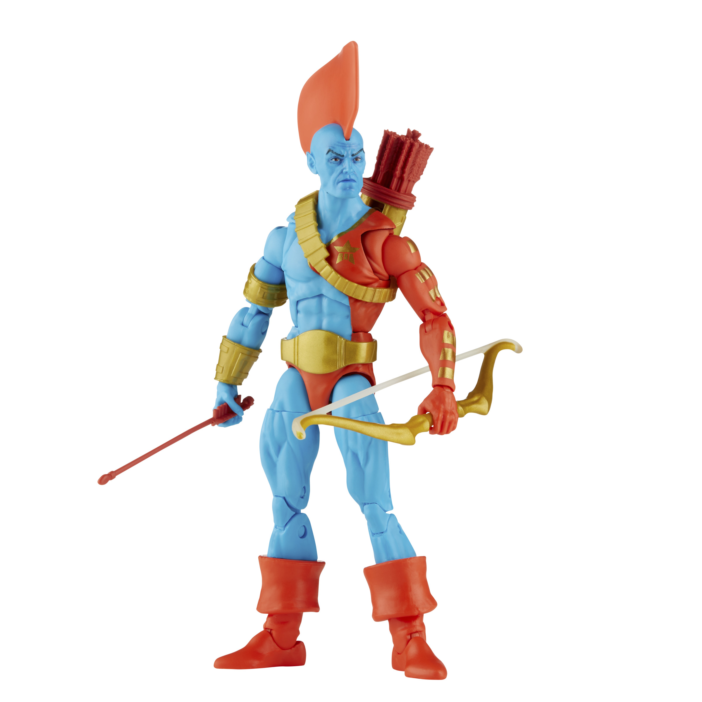 Figura de acción de piel azul con arco y flecha, armadura roja y dorada.