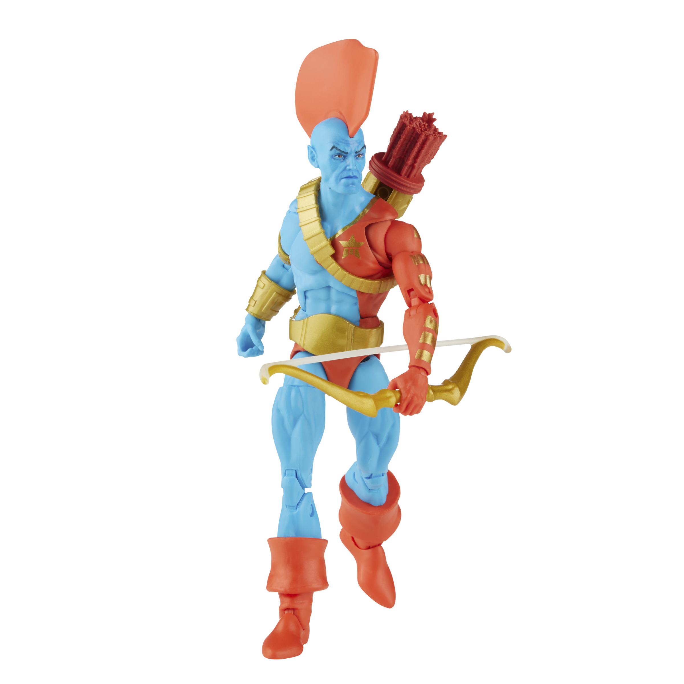 Una figura de acción de piel azul con arco y flecha, usando armadura roja y dorada.