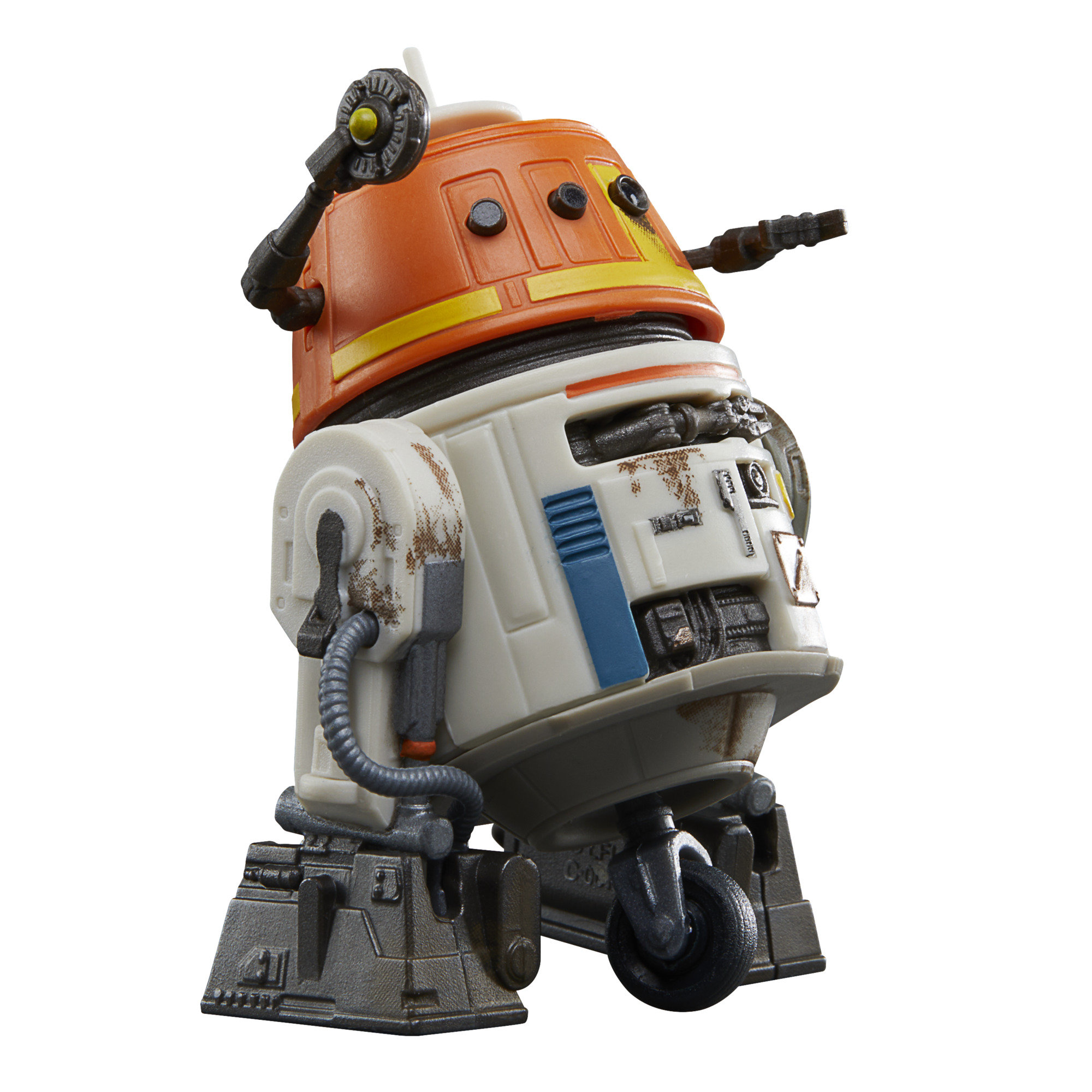 Turuncu ve beyaz renklerde, kafa antenli bir Star Wars droid oyuncağı.