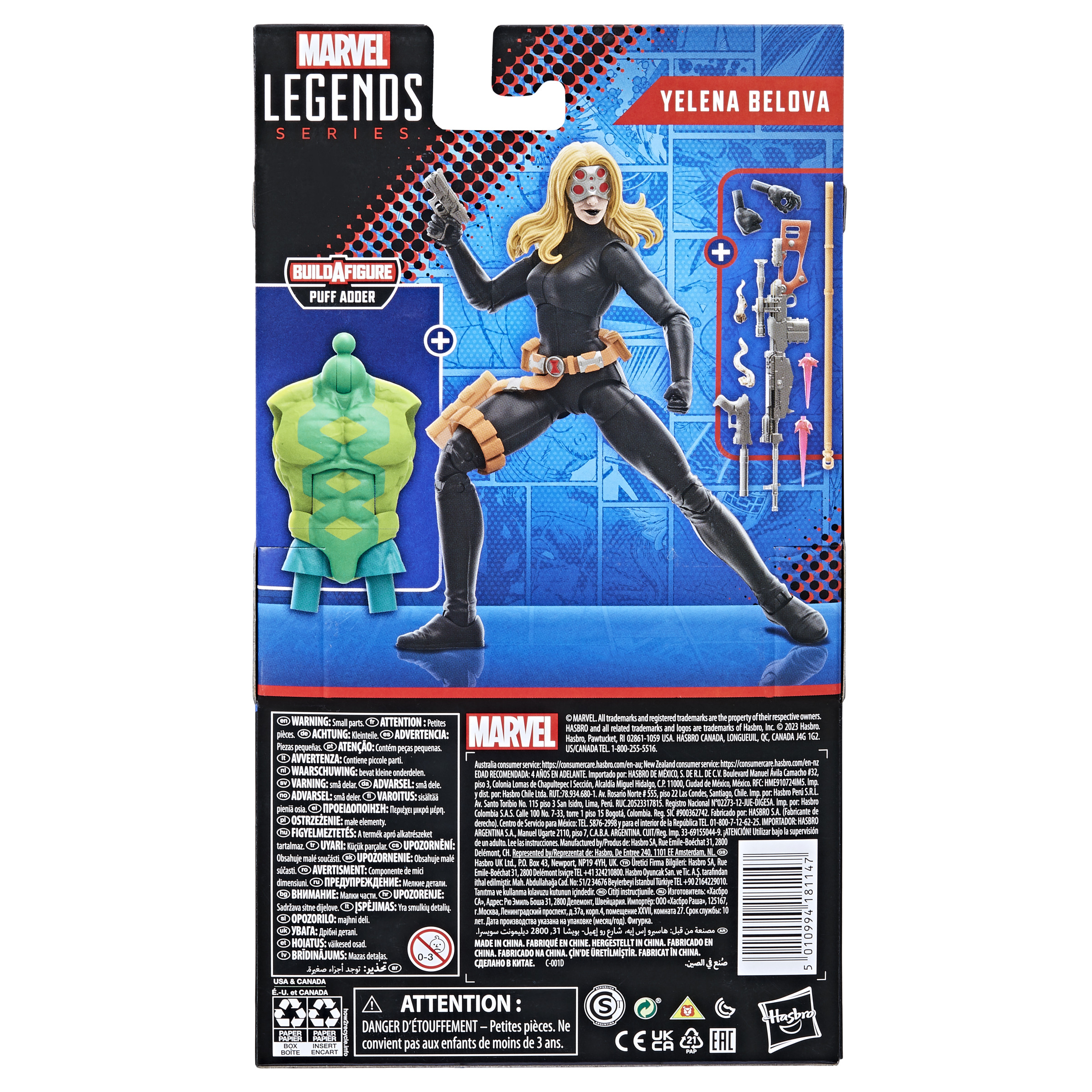 La parte trasera de una caja de Marvel Legends con Yelena Belova, una figura vestida de negro con un arma.