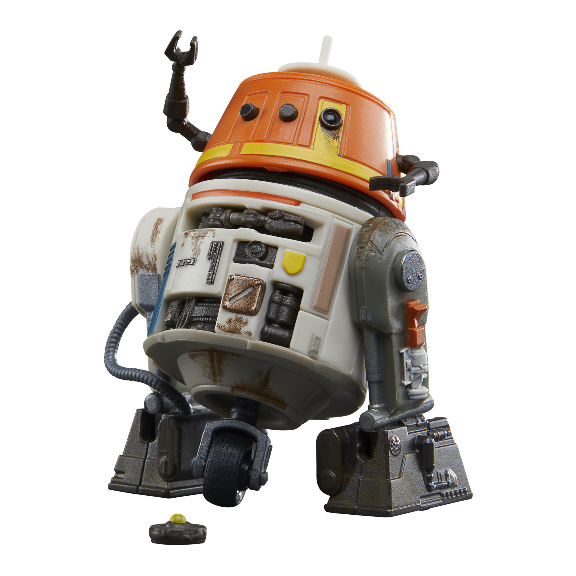 Beyaz, turuncu ve gri bir robot. Tek bir tekerleği, havaya kaldırılmış bir kolu ve küçük sarı bir diski var.