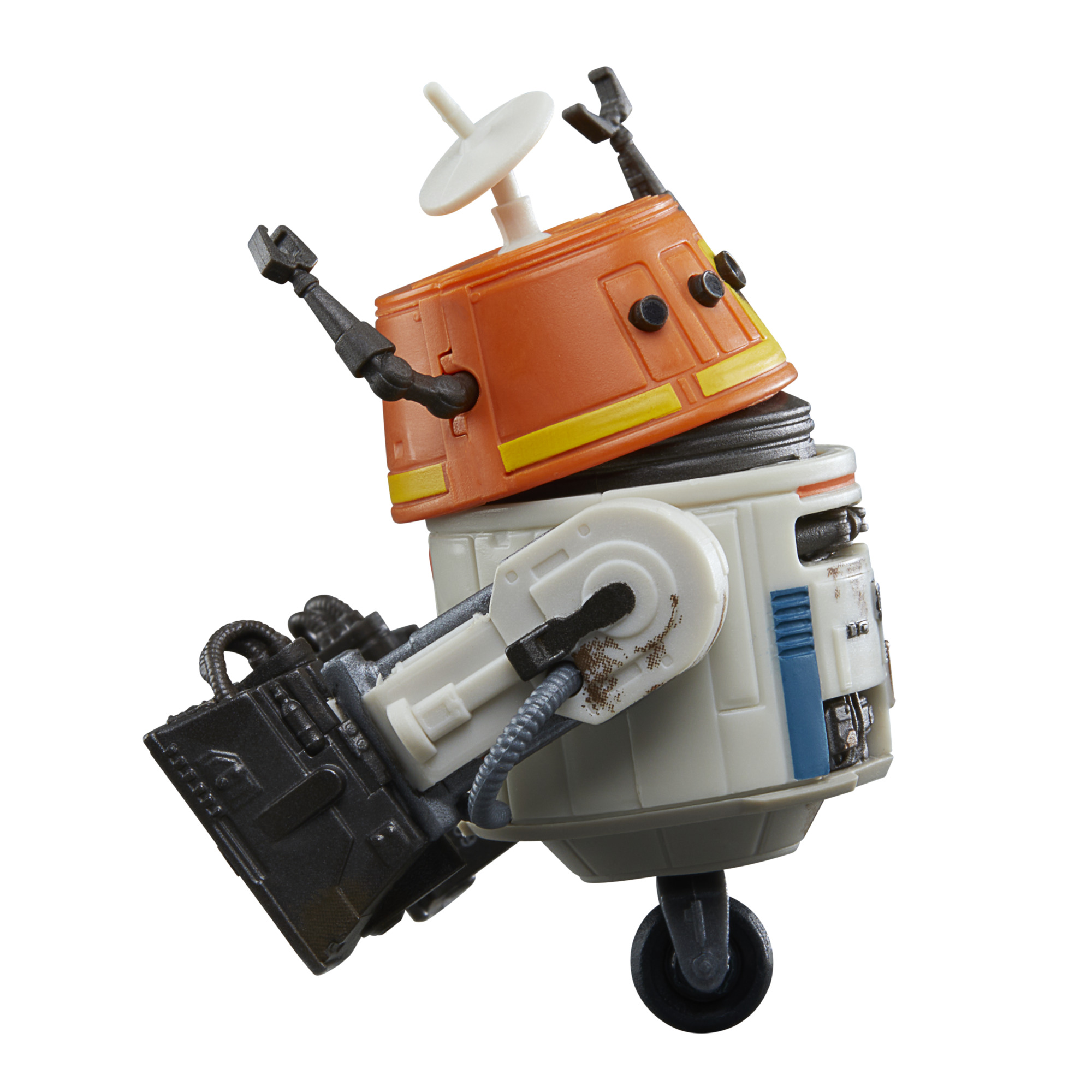 Turuncu, beyaz ve siyah bir oyuncak robot. Uydu çanağı ve kutusu var.
