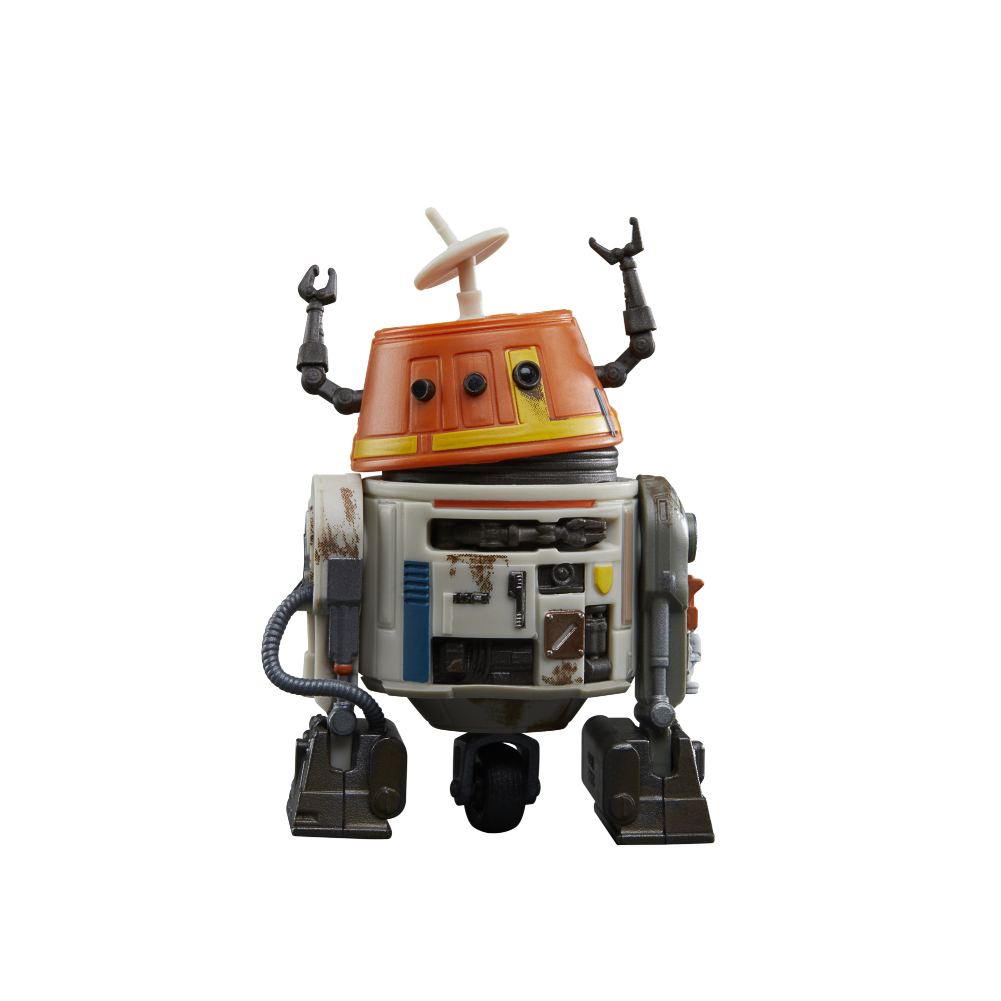 Turuncu kafalı, beyaz gövdeli ve mafsallı kollara sahip oyuncak robot, beyaz bir arka plan üzerinde.