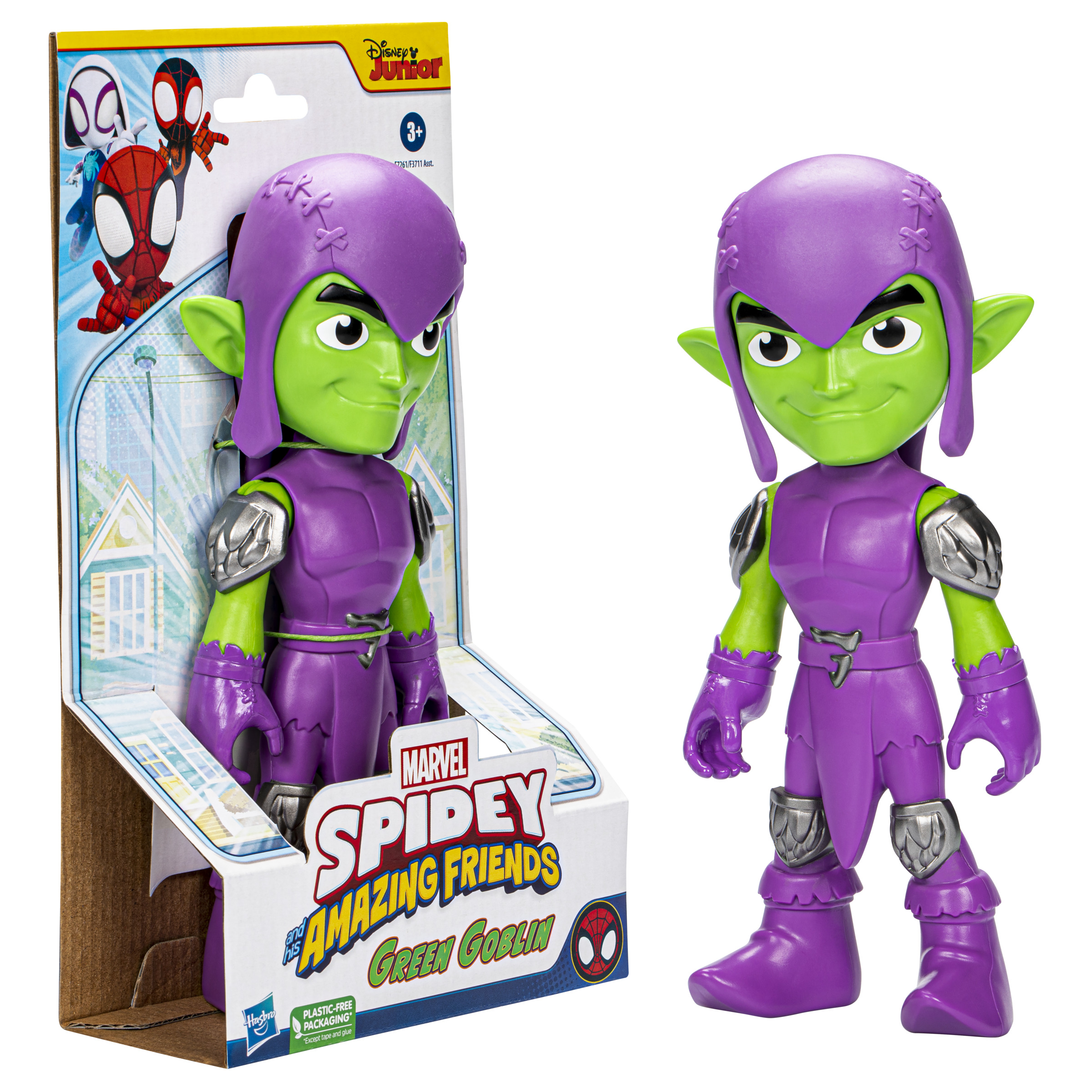 Figura de acción Green Goblin en caja y fuera. Piel verde, traje morado, orejas puntiagudas.