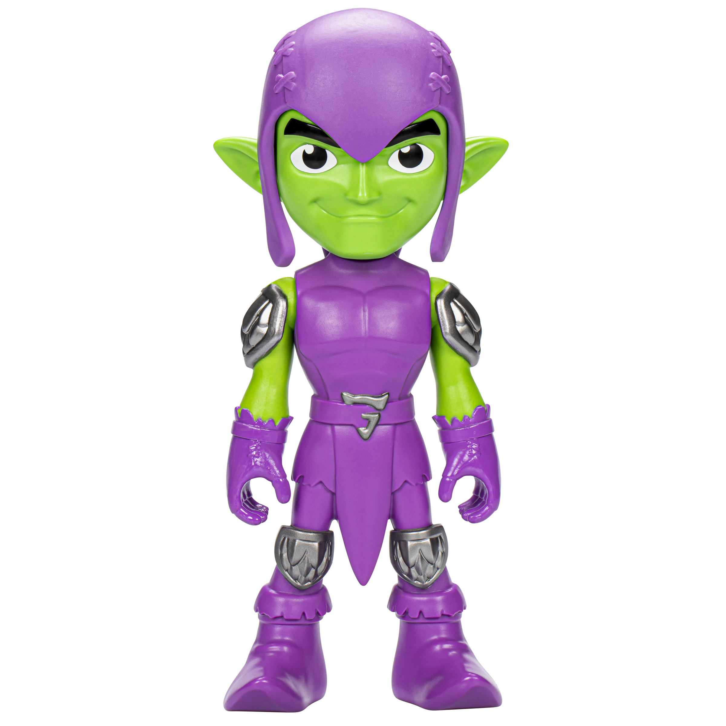 Figura de acción de Green Goblin con un traje morado. Está posando sobre un fondo blanco.