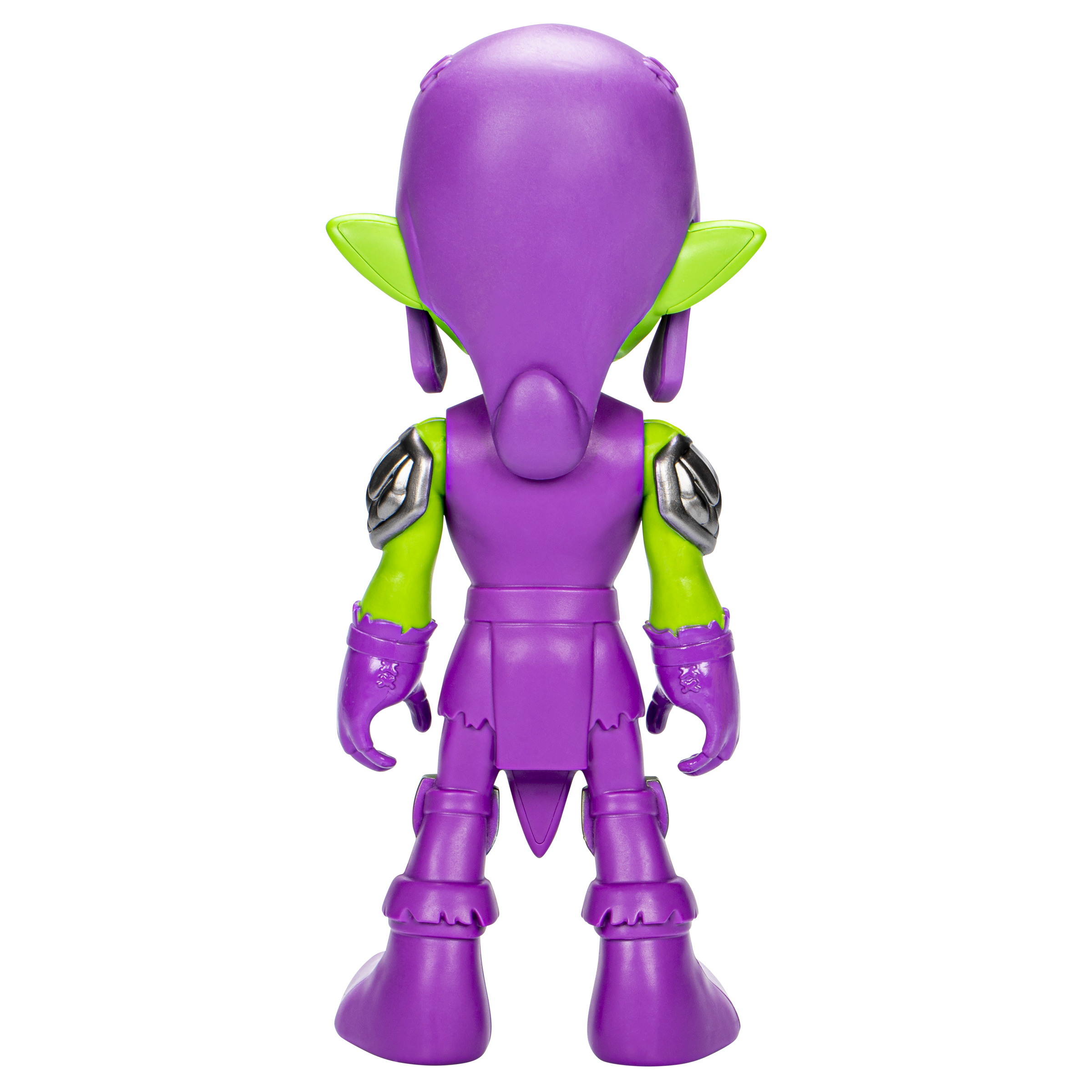 Vista trasera de una figura de juguete morada y verde. Tiene orejas y brazos verdes.