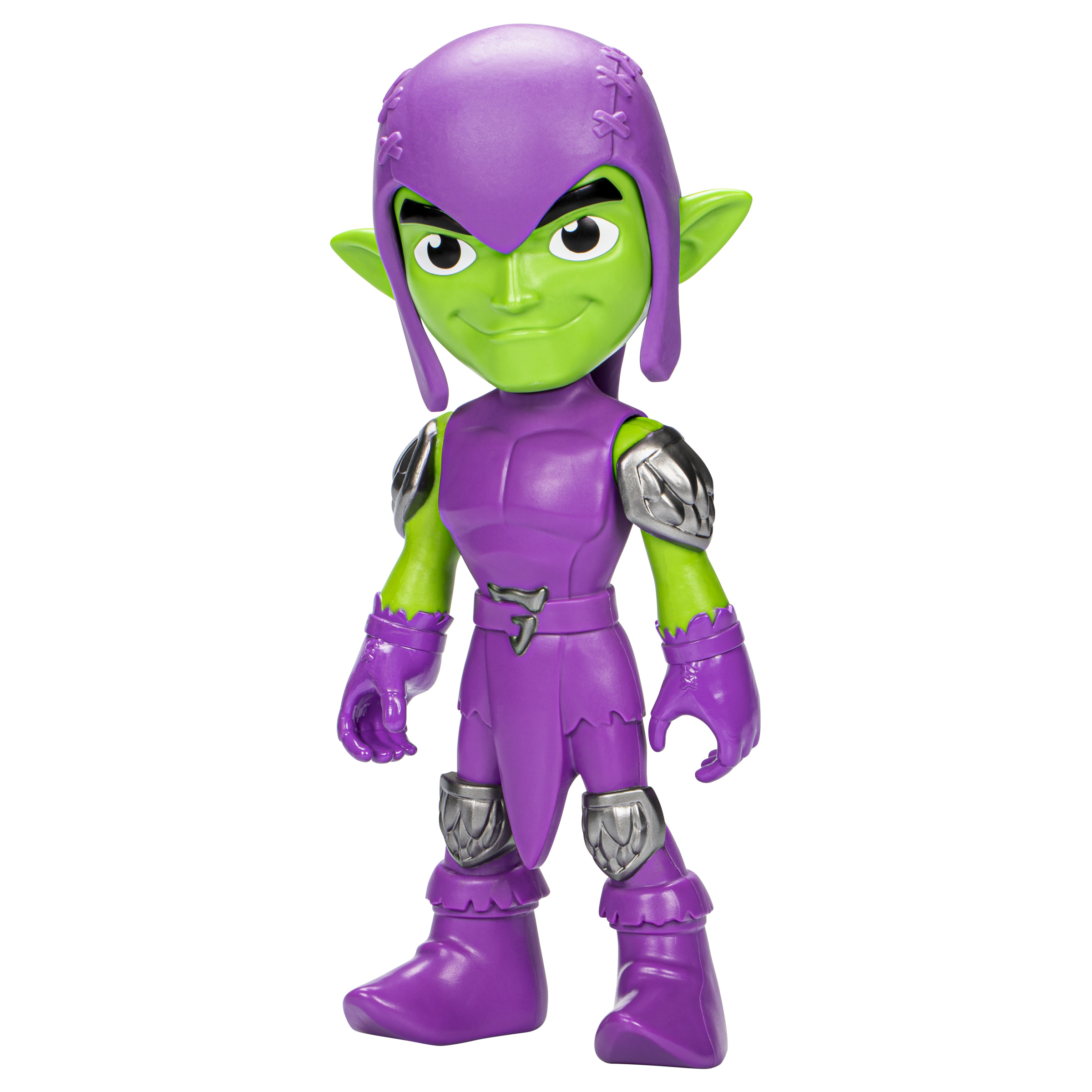 Figura de acción de Duende Verde. Traje morado, piel verde, orejas puntiagudas y casco morado.