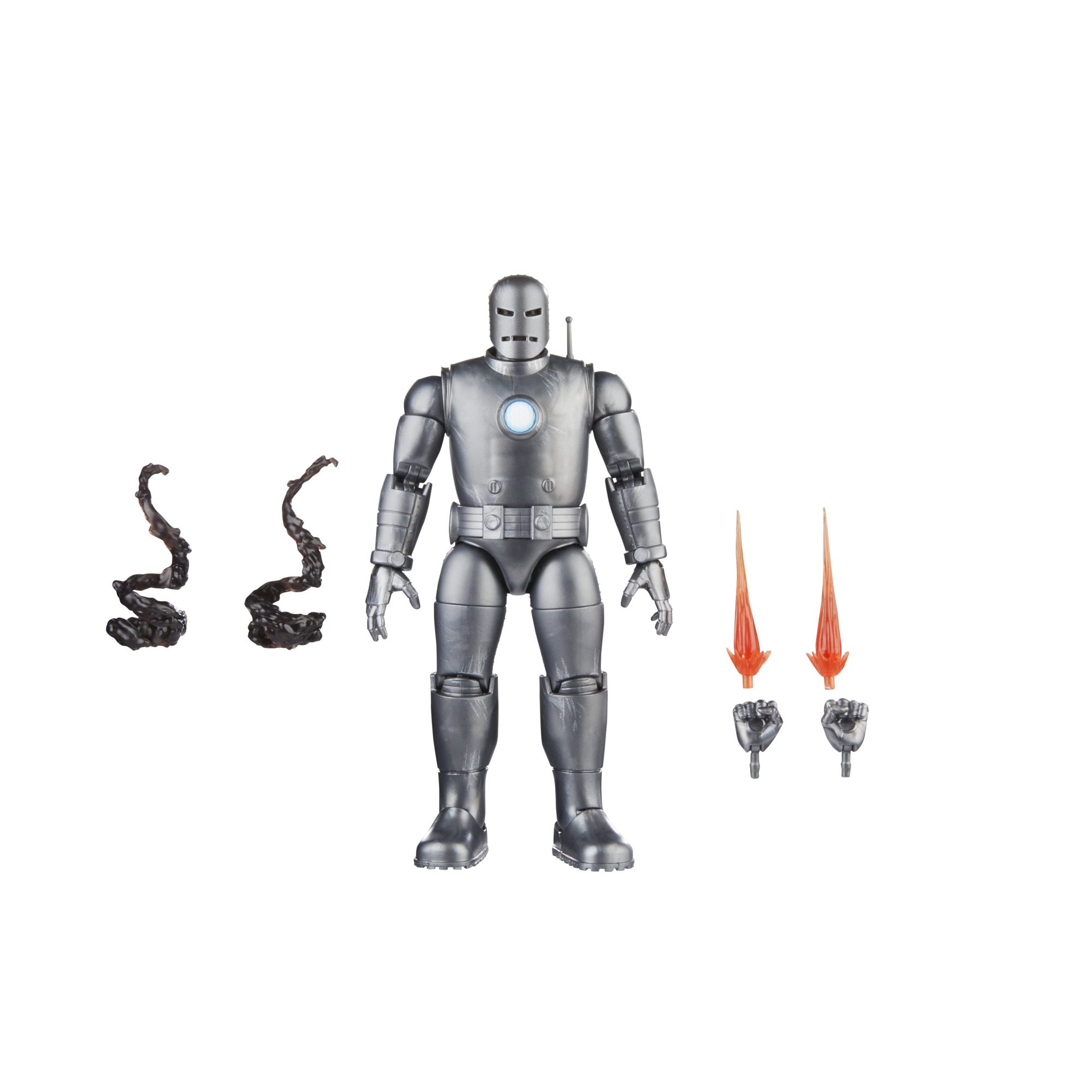 Una figura de acción de Iron Man con armadura plateada, efectos de llama y manos extra.