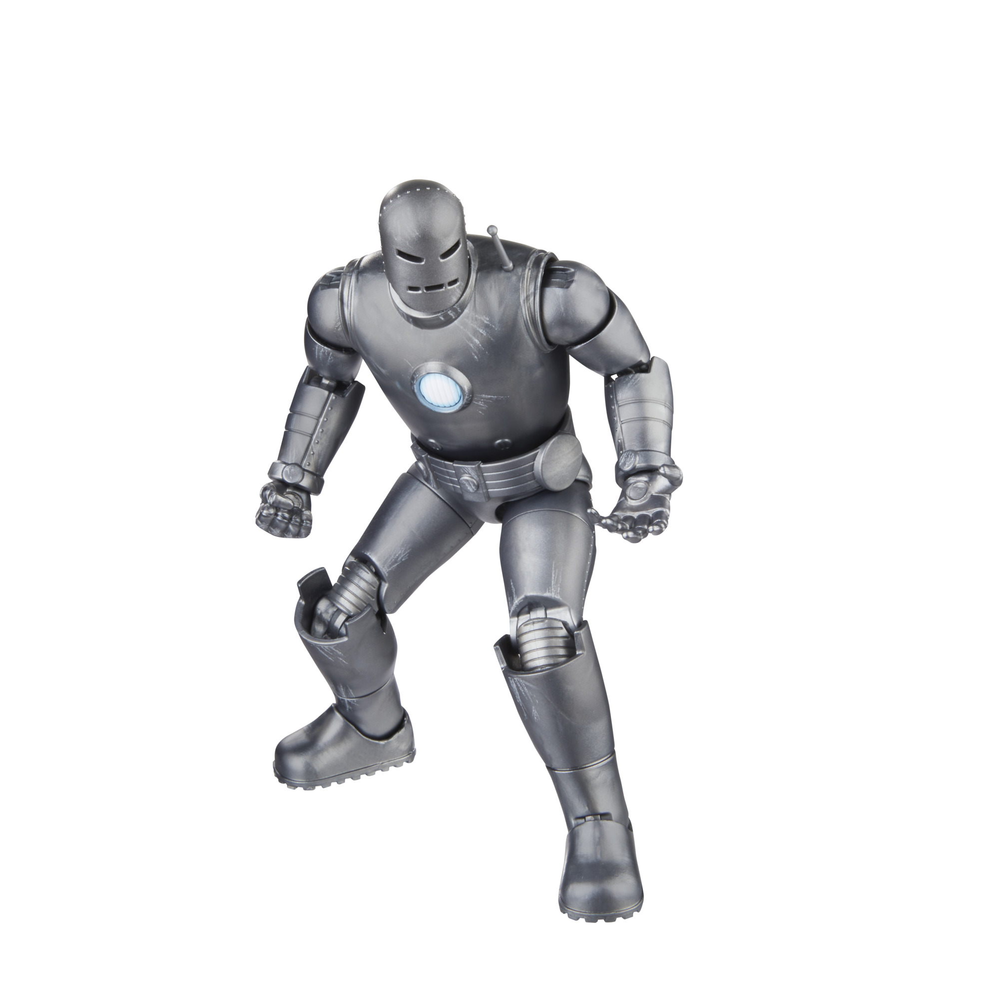 Figura de acción de Iron Man, armadura plateada, en pose de batalla, con luz en el pecho.