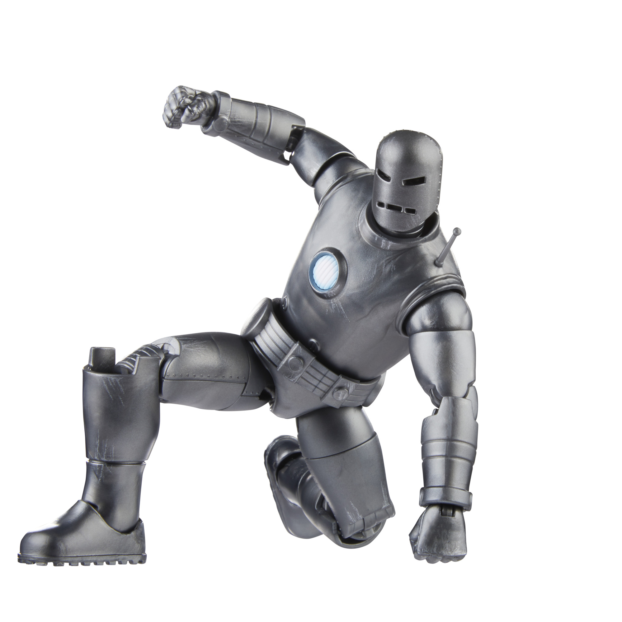 Figura de Marvel Legends Iron Man. Traje plateado, arrodillado con el puño cerrado.