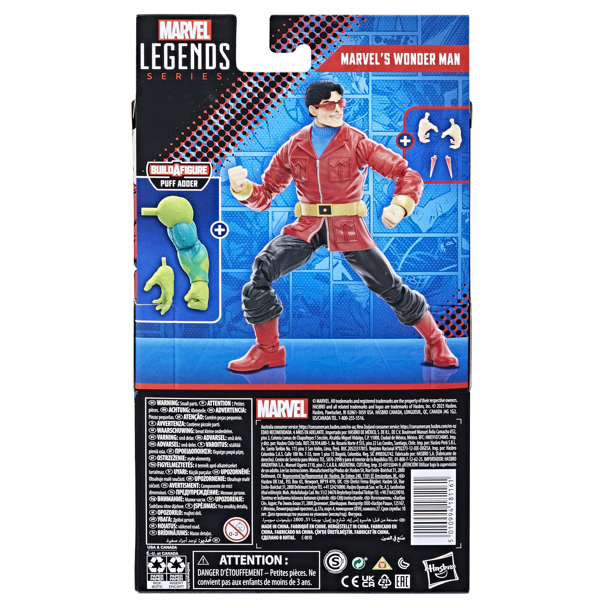 Figura de acción de Marvel's Wonder Man en una caja, con chaqueta roja y pose.
