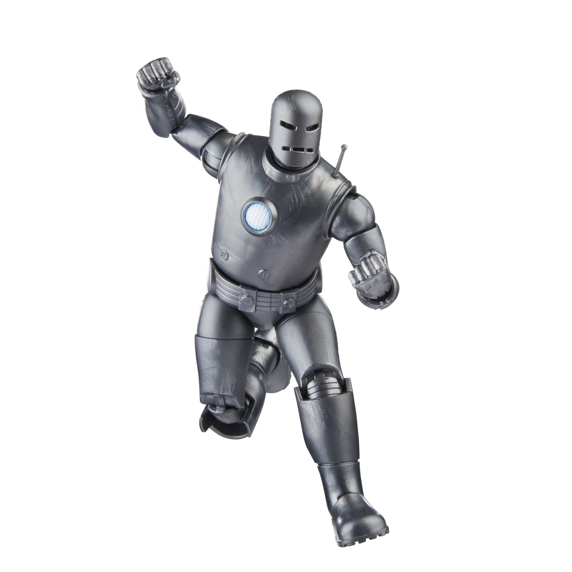 Figura de acción de Iron Man, traje gris, posando a medio correr, brazo izquierdo levantado. Fondo blanco.